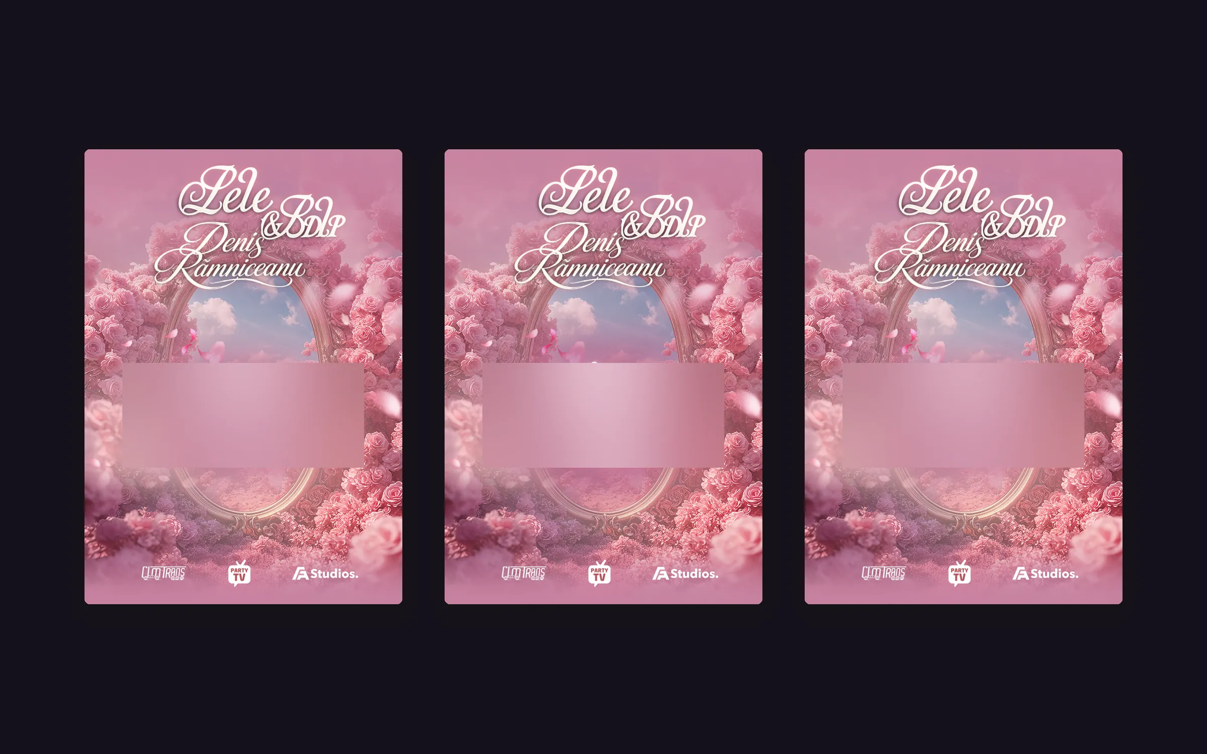 Three staff badges for an arena concert night: pink roses around a gold mirror frame, the event and Party TV logos, staff names blurred.