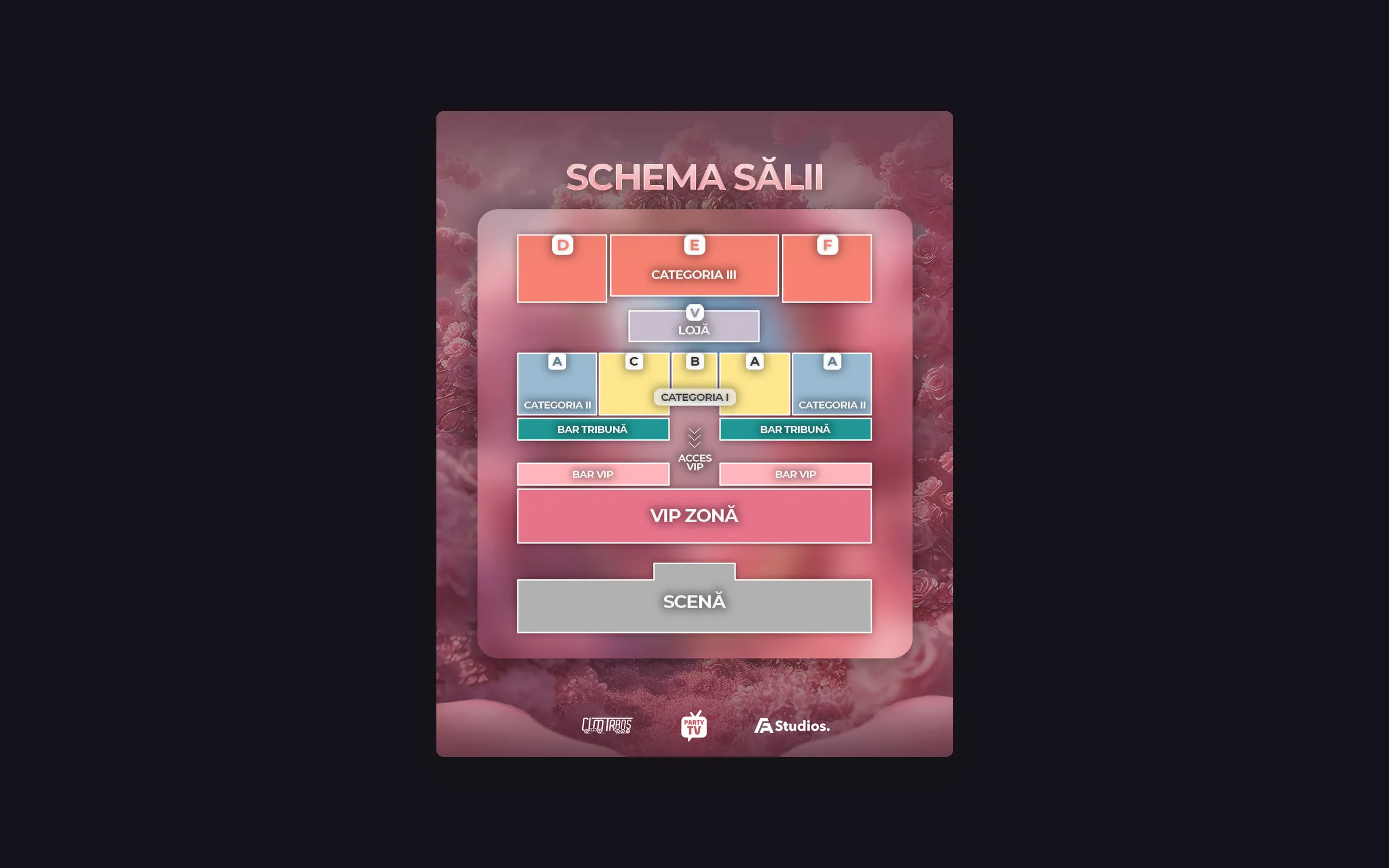 Arena seating map for Sala Sporturilor Galați: lettered sectors A–F, Category I–III blocks, bars, the VIP zone and the stage, in pink glass panels.