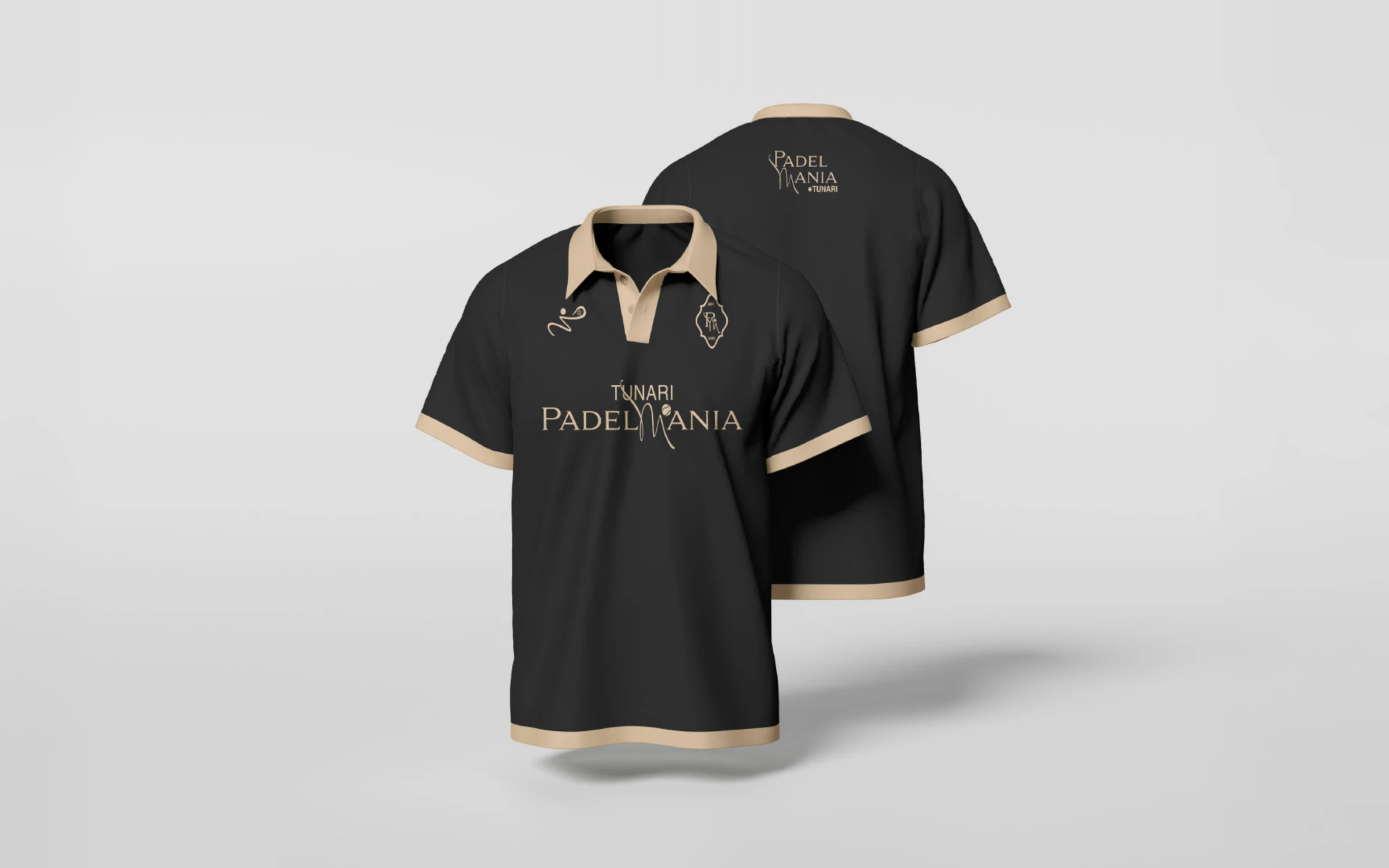 PADELMANIA Tunari polo shirts, front and back: black with beige collar and trims, the serif TUNARI PADELMANIA lockup, the PM crest and the player-swoosh.