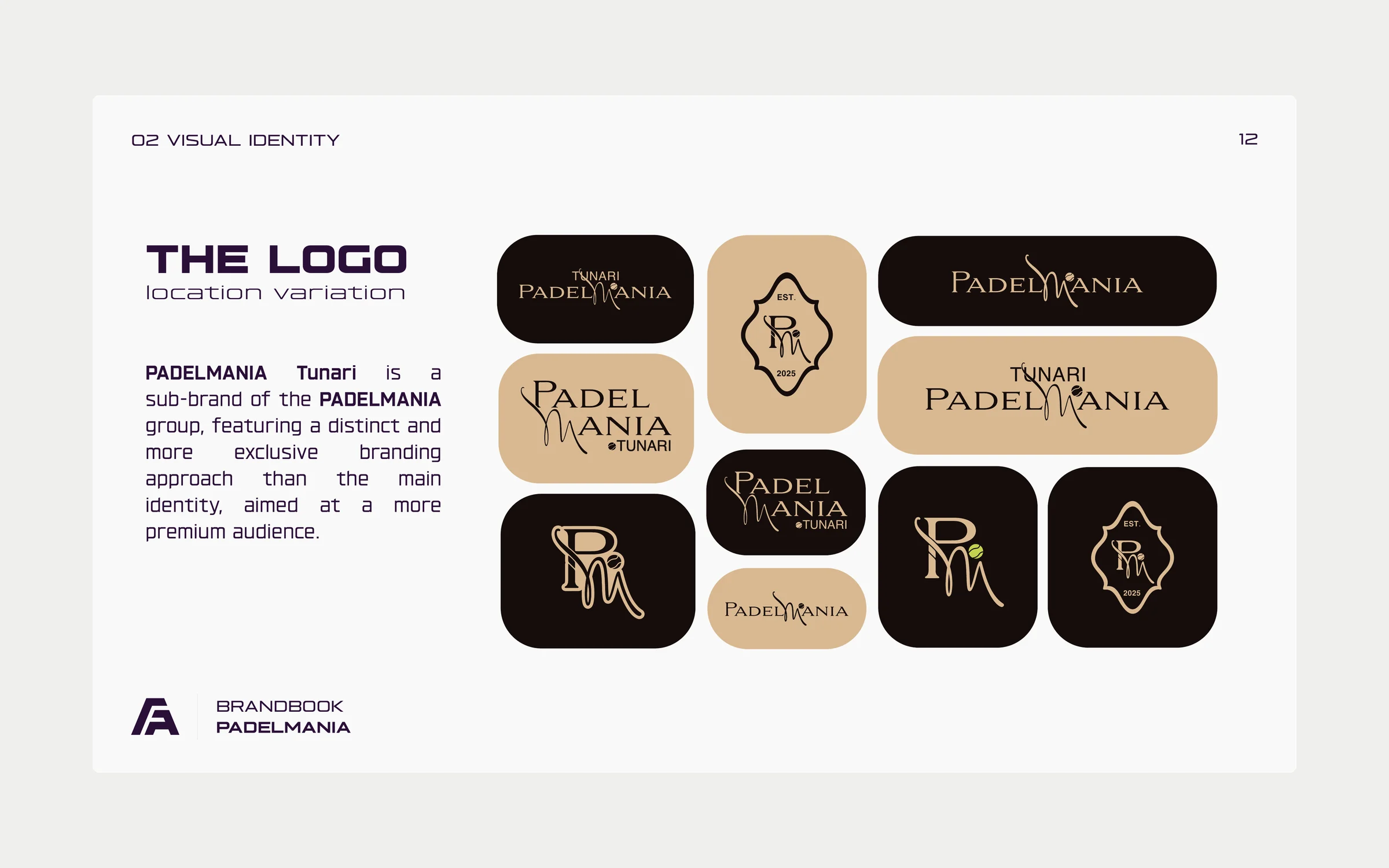 Brand-book page 'The logo, location variation': the PADELMANIA Tunari lockups, PM monogram and EST. 2025 crest in black-brown and beige.