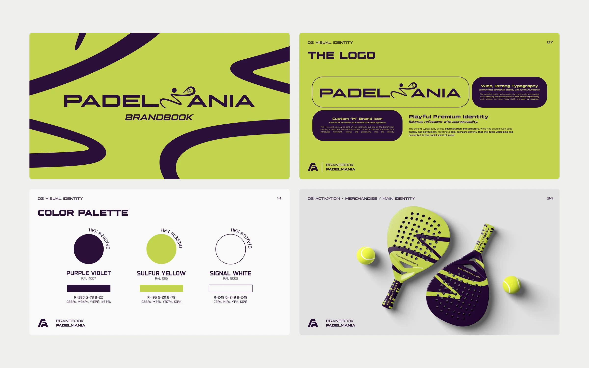 Four pages of the PADELMANIA brand book: the lime cover, the logo page, the colour palette and the branded rackets.