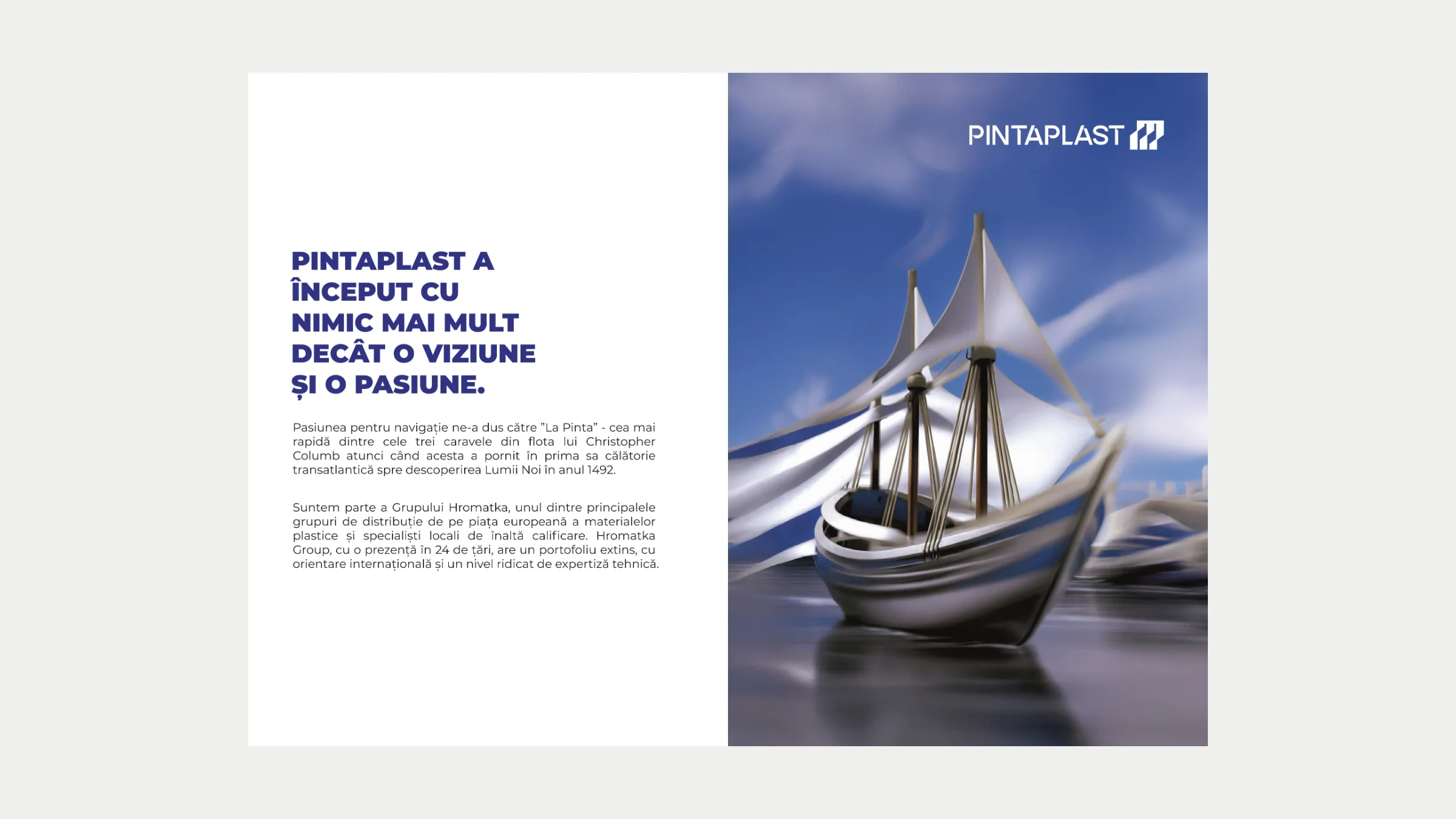 Opening spread: "Pintaplast a început cu nimic mai mult decât o viziune și o pasiune" beside a chrome sailing ship.