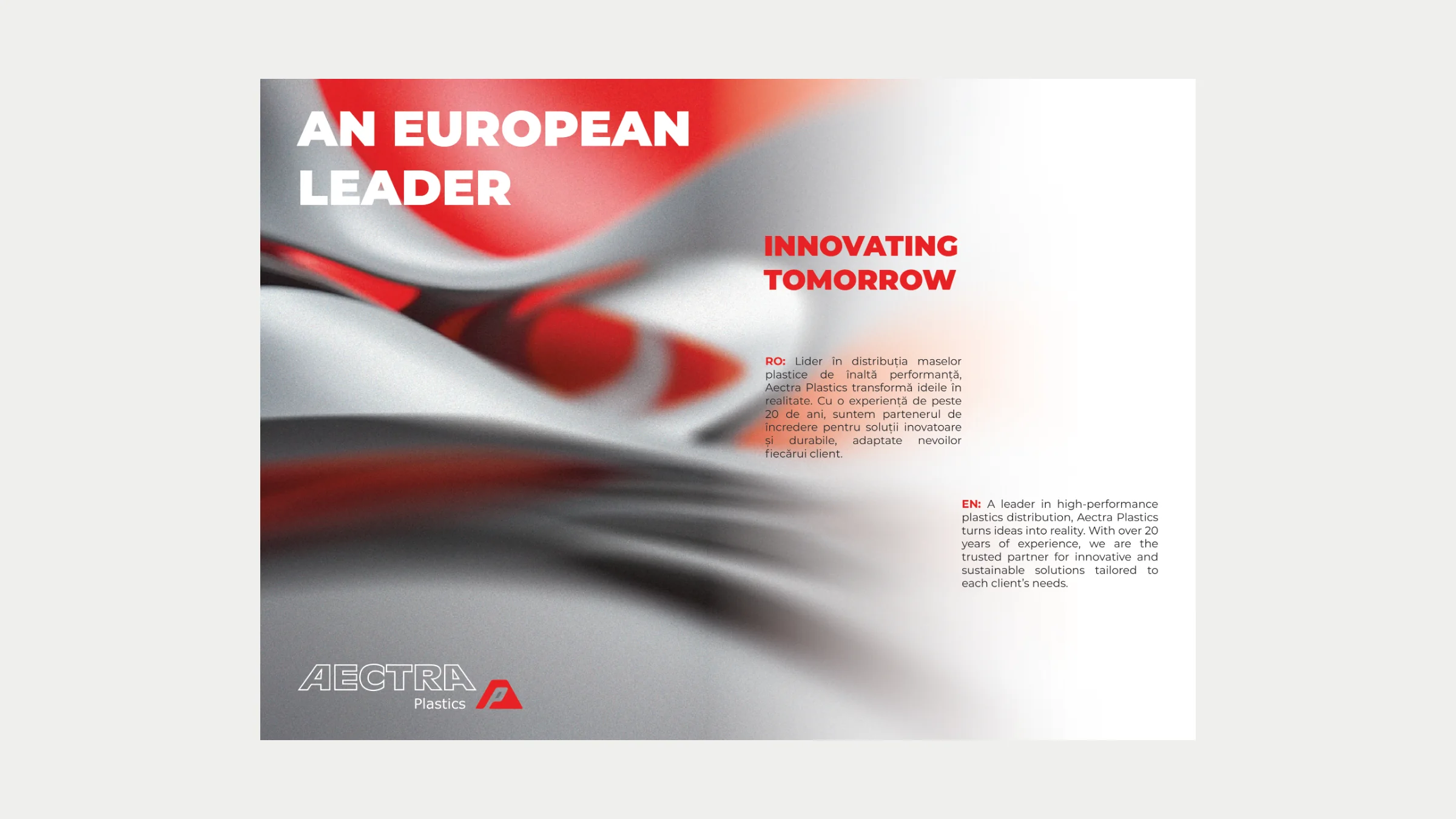 Spread "An European leader / Innovating tomorrow" with flowing red and silver forms.