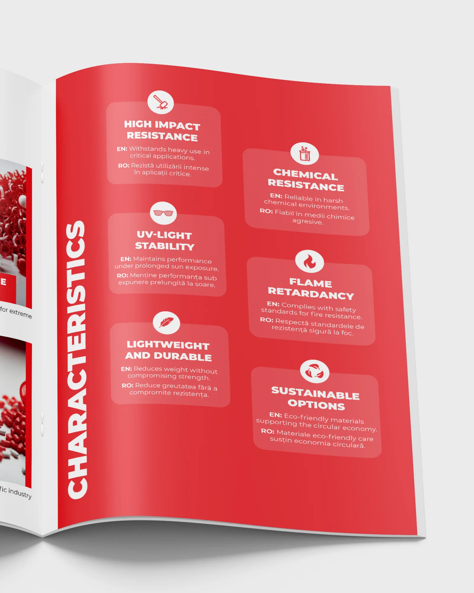 Close crop of the red Characteristics page: icons for impact resistance, UV stability and flame retardancy.