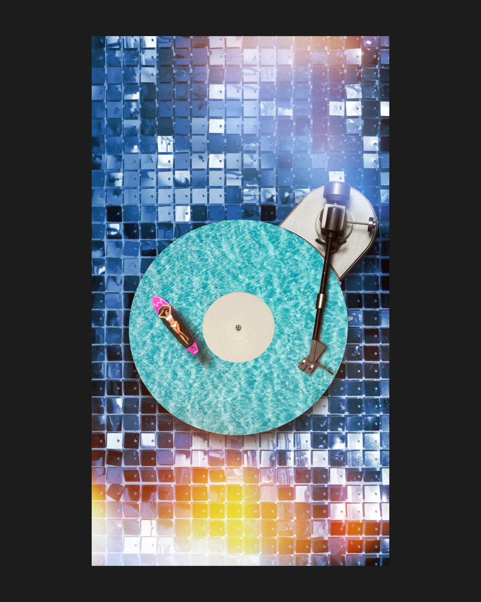 Textless FEBRA plate: a turntable with a pool-water record and a tiny swimmer, on a blue sequin wall.