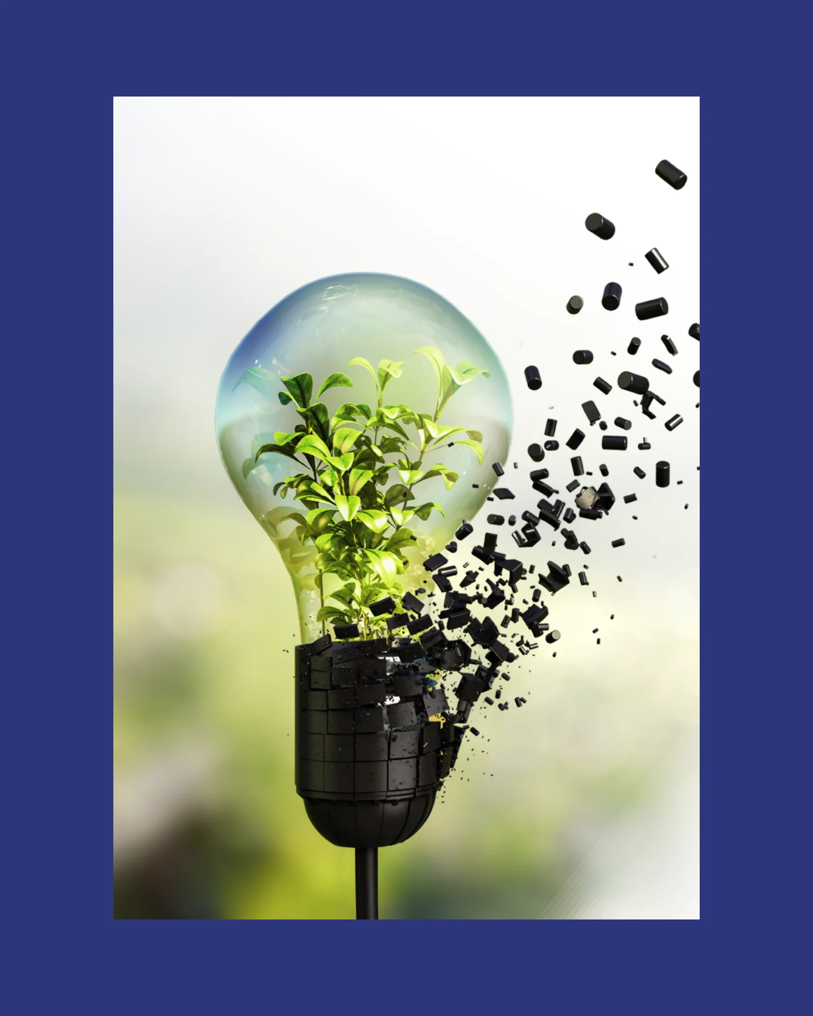Responsibility page: a light bulb holding a living plant, breaking into black plastic granules.