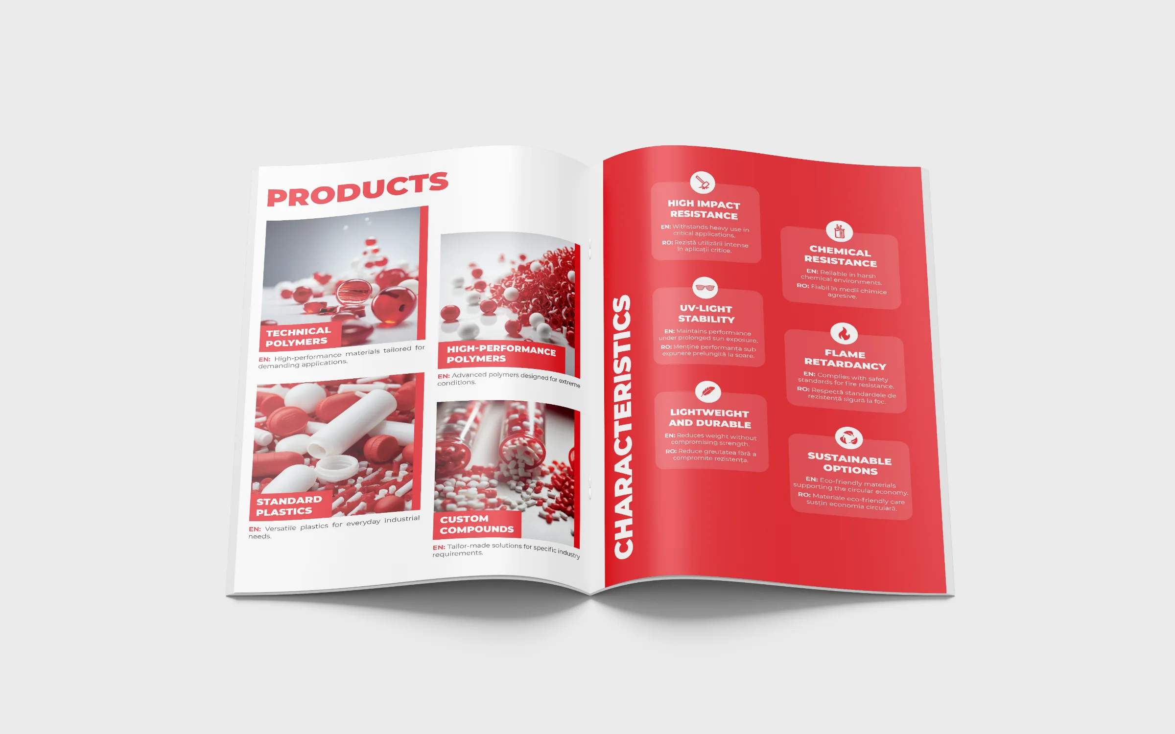 Aectra Plastics brochure open on the Products and Characteristics spread.