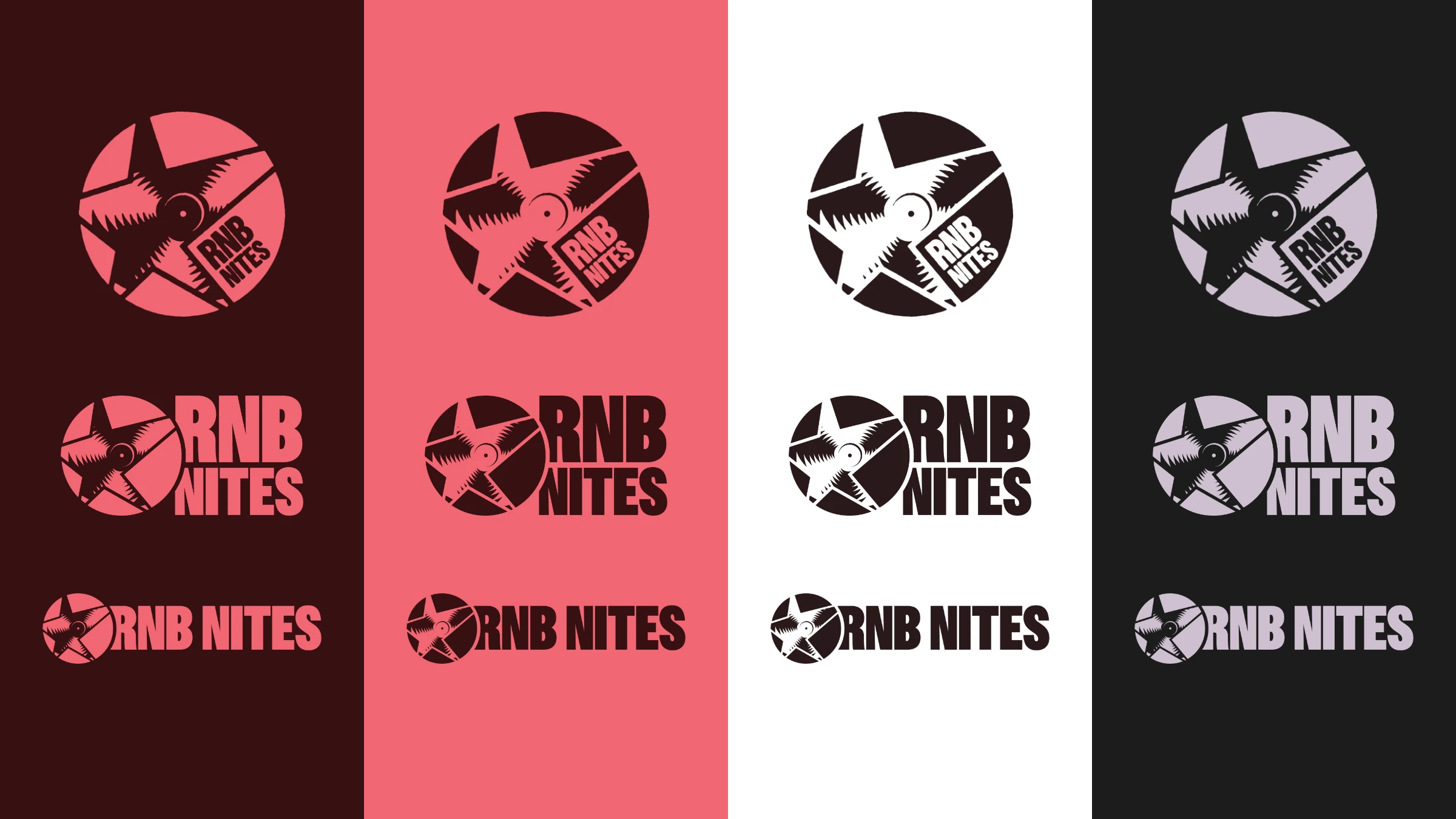 The RNB Summer Nites logo system in four colourways, coral on maroon, maroon on coral, black on white and white on ink: the vinyl-star mark, the tall lockup and the wide lockup.