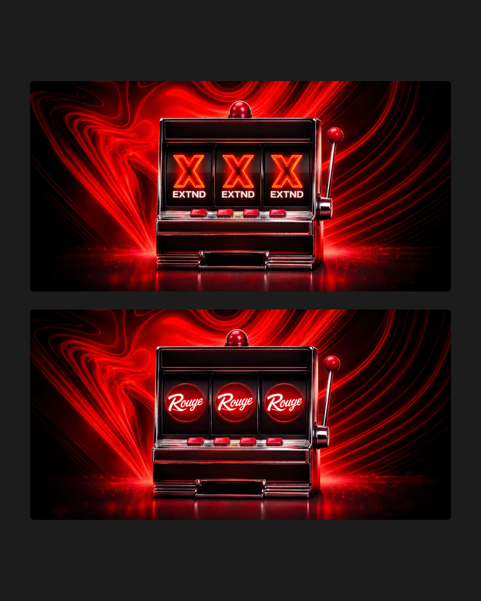 Two end frames of the VJ loop: the slot machine lands three EXTND marks, and in the second version three Rouge logos.