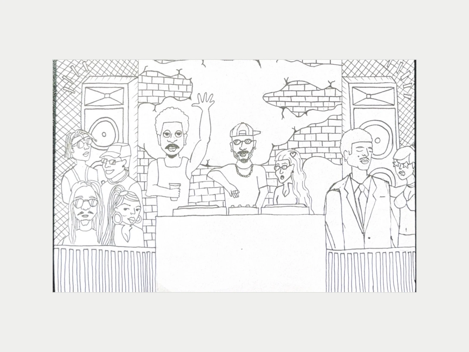 The pencil sketch for the RNB Summer Nites poster: a DJ booth framed by speakers and brick walls, a crowd on either side.