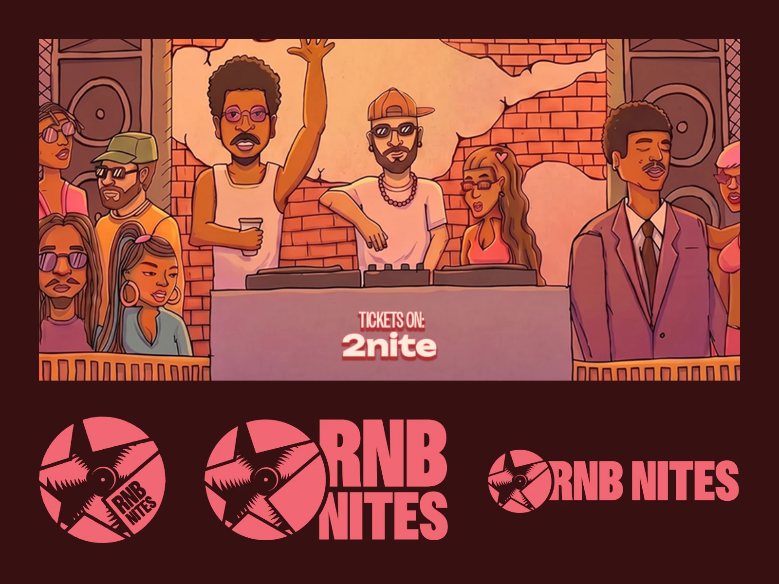 The finished RNB Summer Nites key visual, cropped to the DJ booth, the crowd and 'Tickets on 2nite', above the coral vinyl-star mark, tall logo and wide logo.
