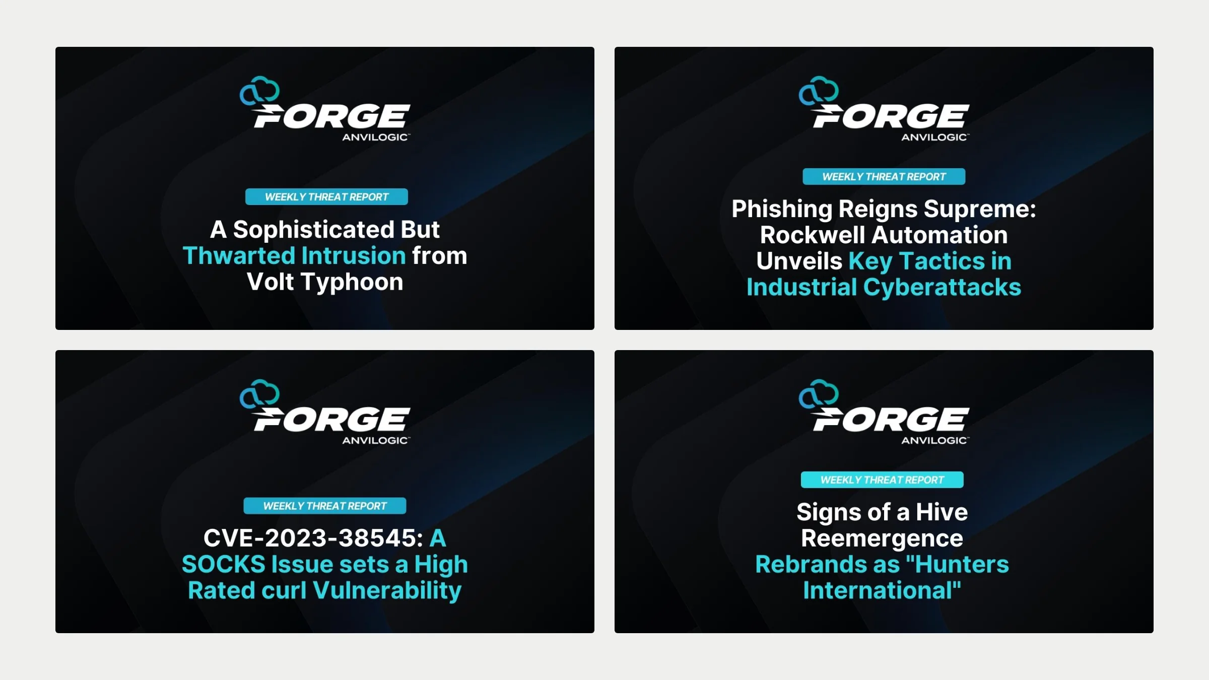 Four threat-report Open Graph images, two by two.
