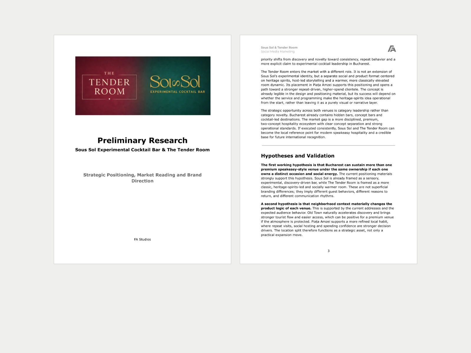Cover and page 3 of FA's 'Preliminary Research' for Sous Sol and The Tender Room: strategic positioning, market reading and brand direction, opening with the hypotheses to validate.