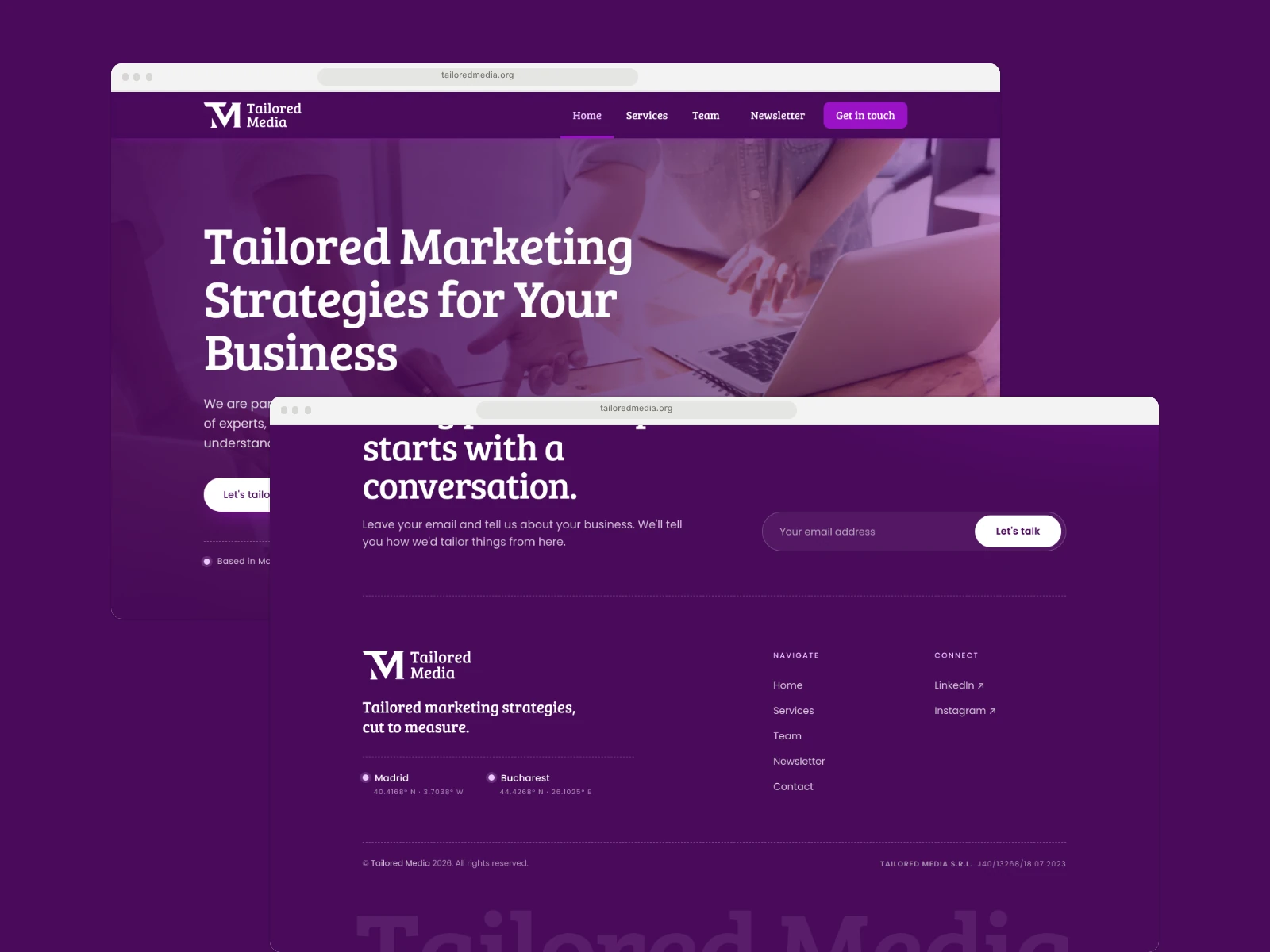Two views of the Tailored Media homepage after the premium pass: the hero with its purple photo overlay, and the new footer with the oversized 'Tailored Media' wordmark.