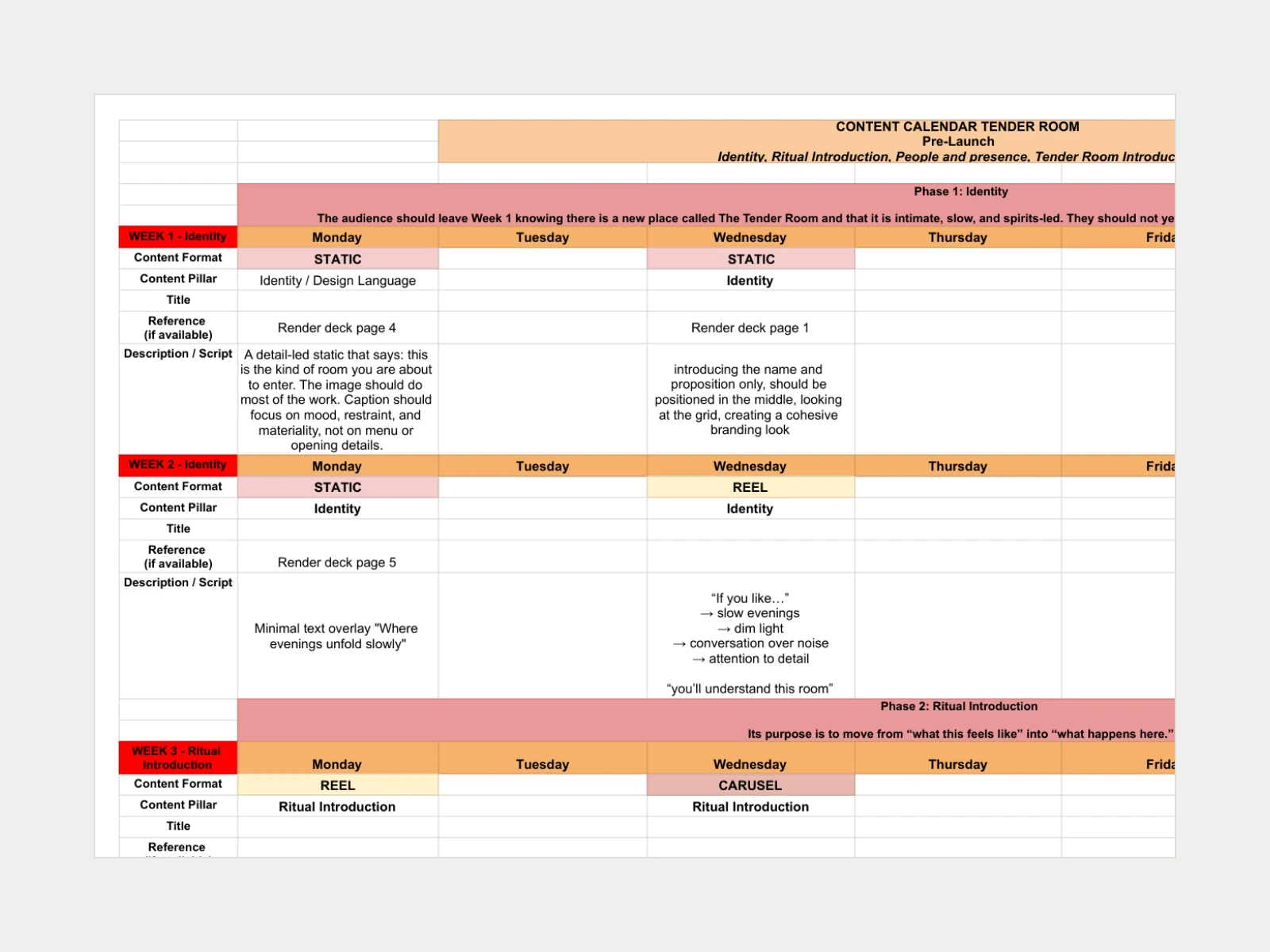 The Tender Room pre-launch content calendar: weeks 1 to 4 grouped into the phases 'Identity' and 'Ritual Introduction', with format, pillar and script for each post.