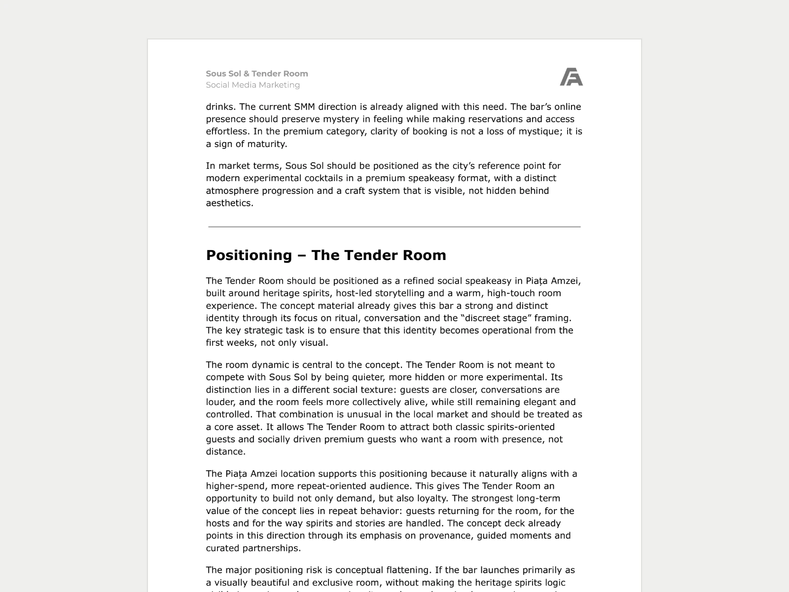 Page 8 of the research document: 'Positioning – The Tender Room', describing a refined speakeasy in Piața Amzei built around heritage spirits and a warm, high-touch room.