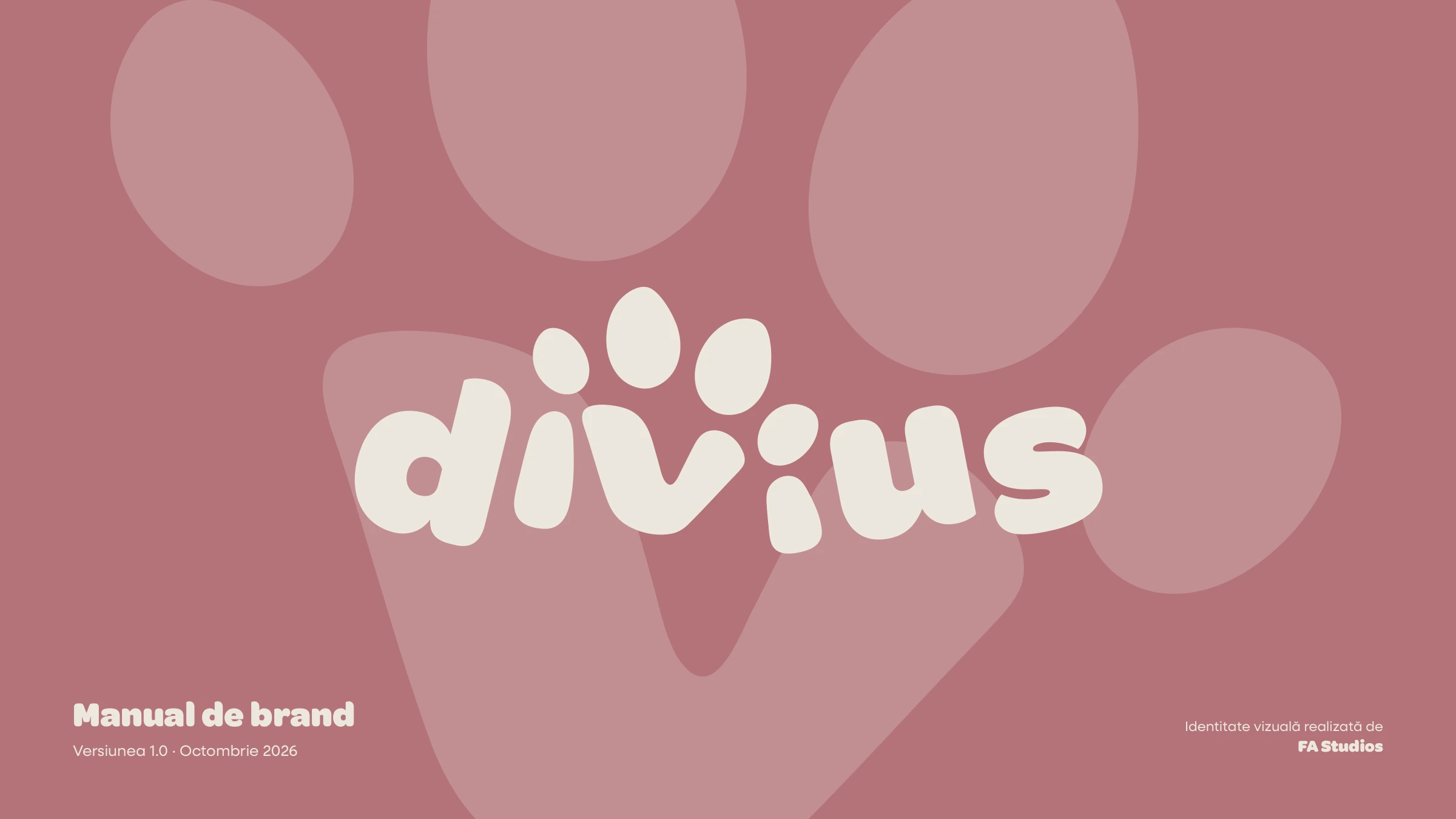 Divius brand book cover: the cream rounded 'divius' wordmark, with a paw hidden in the letter i, over giant tonal paw prints on dusty rose.
