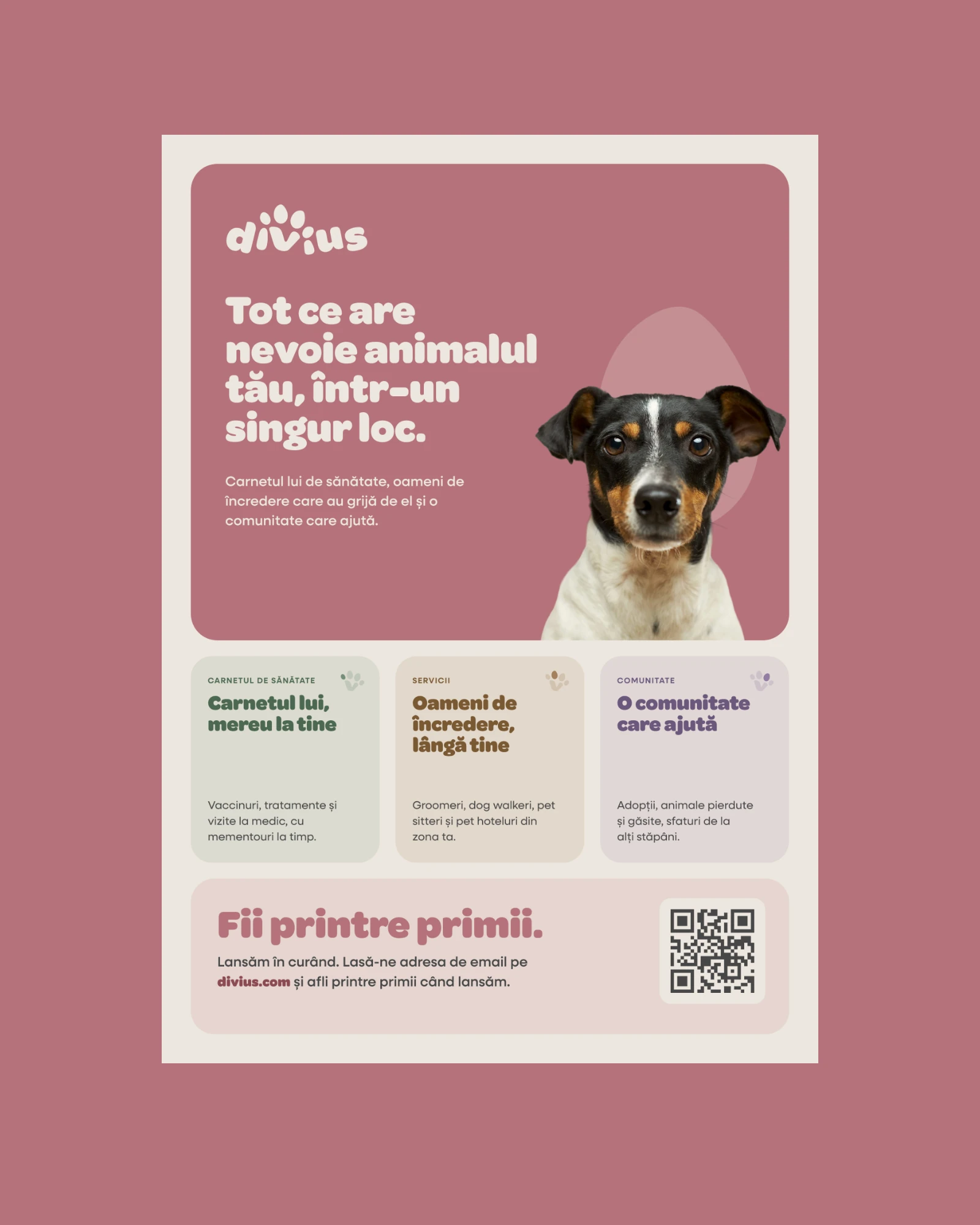 Divius A4 flyer for pet owners: 'Tot ce are nevoie animalul tău, într-un singur loc.' with a dog photo, three cards for the health record, services and community, and a QR code for the launch list.