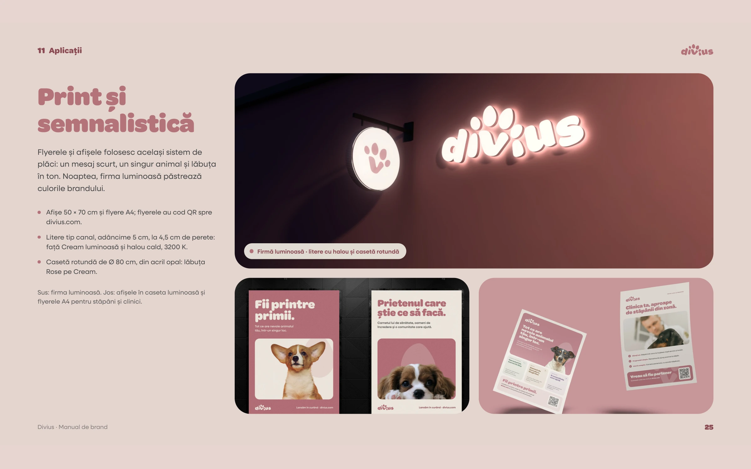 Brand book page 'Print și semnalistică': the illuminated Divius sign, the two launch posters in light boxes and the A4 flyers.