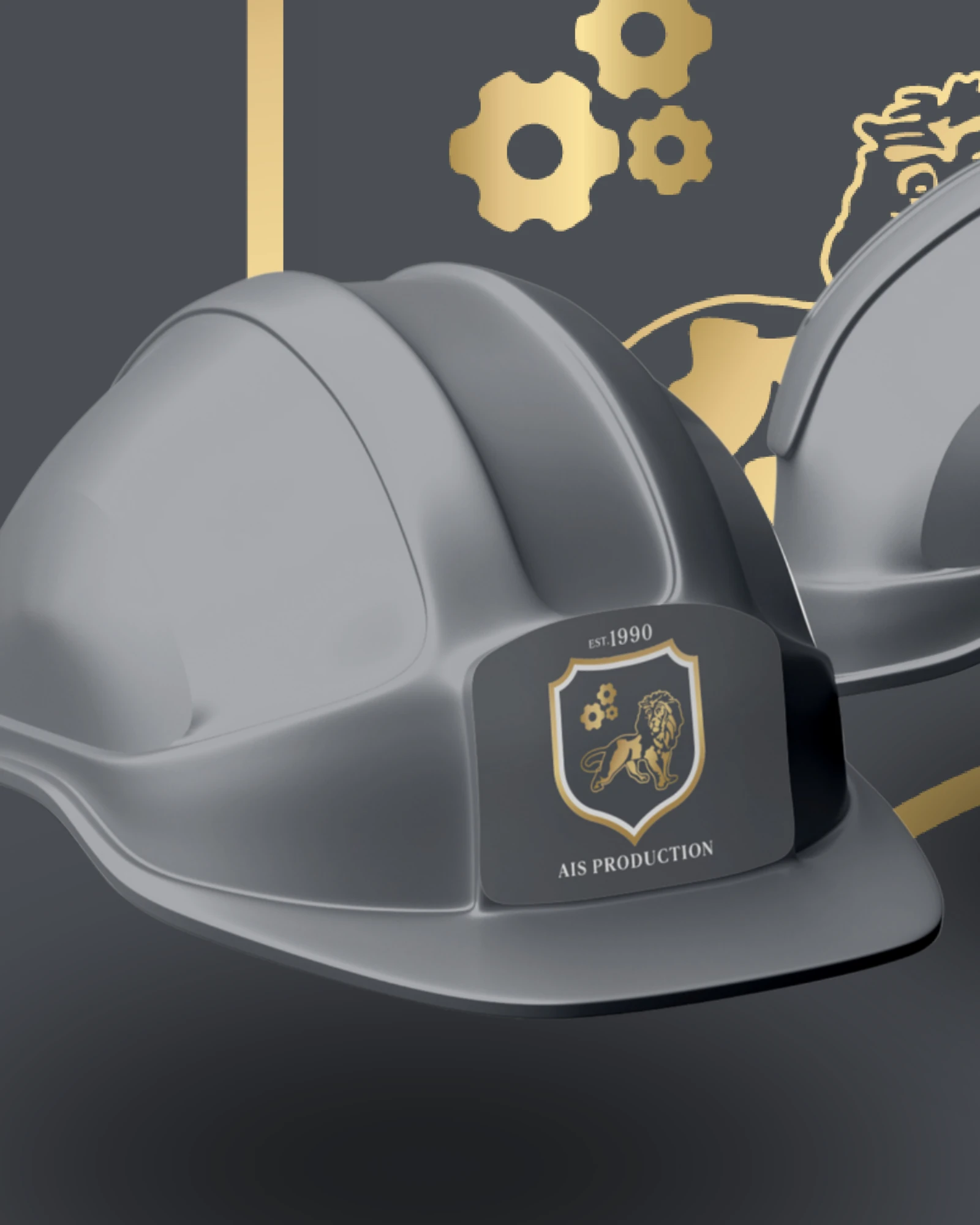 AIS Production on anthracite grey: a grey construction helmet with the production crest, gold gears and a large gold lion outline behind.