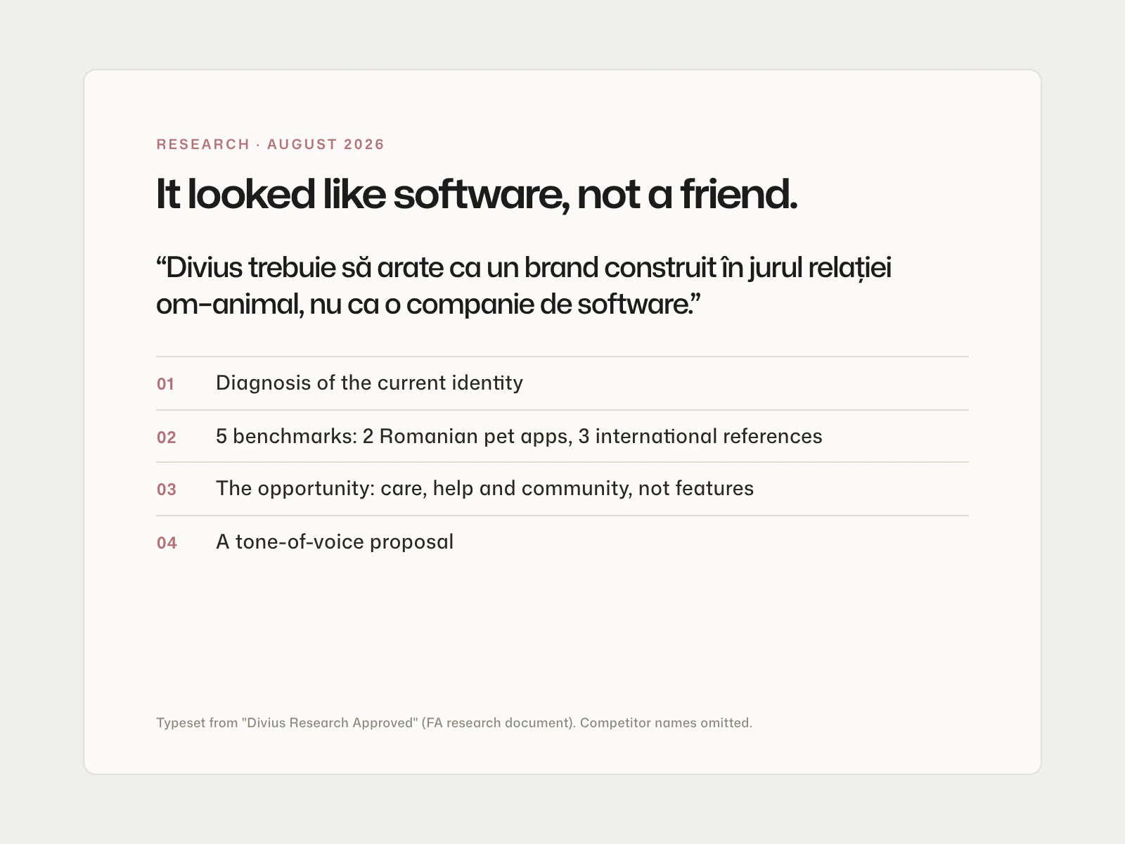 Typeset summary of FA's Divius research: the diagnosis that the brand looked like a software company, five benchmarks, the opportunity and a tone-of-voice proposal.