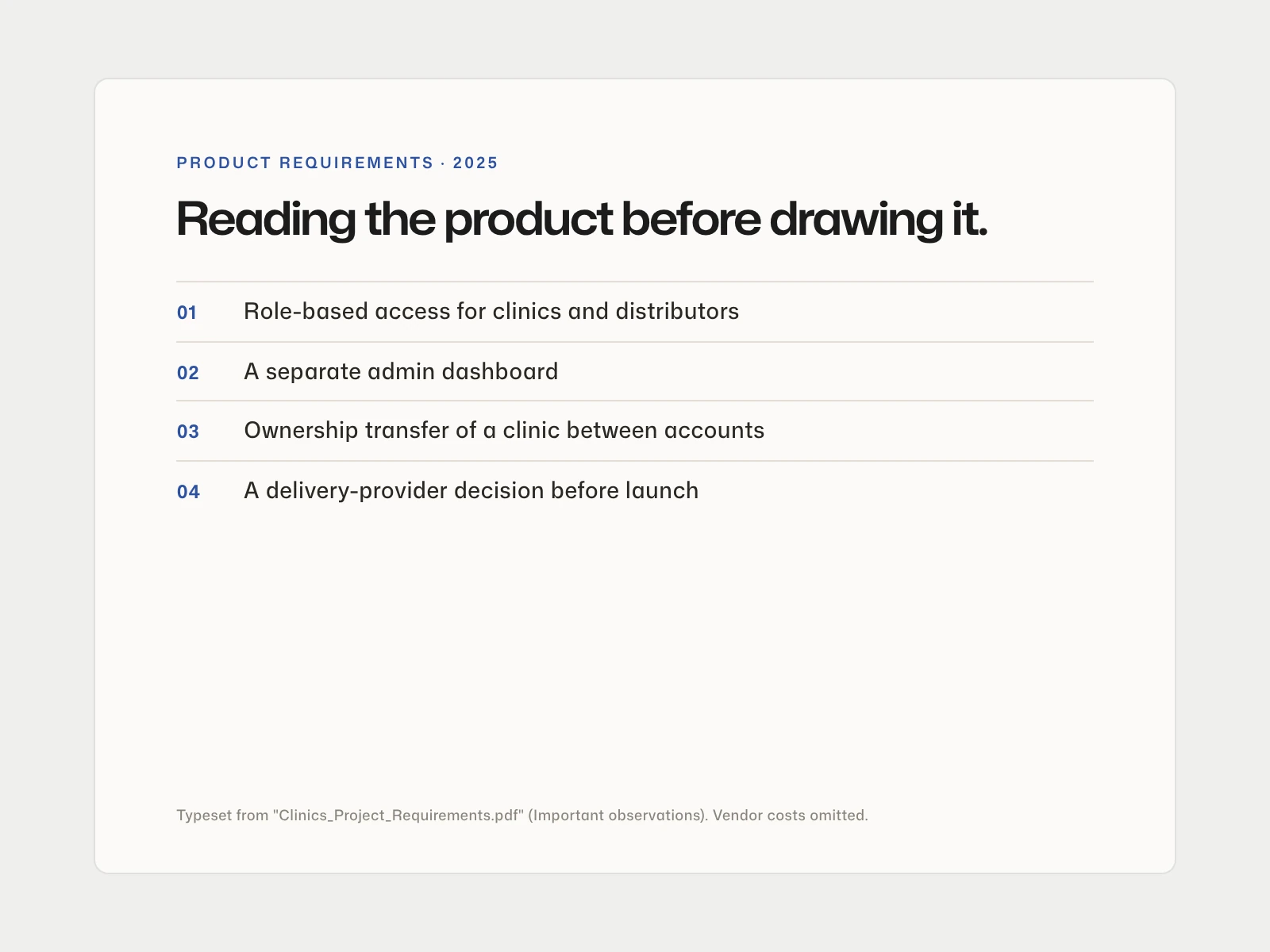 Typeset summary of the product requirements FA worked from: role-based access, a separate admin app, clinic ownership transfer and a delivery-provider decision.