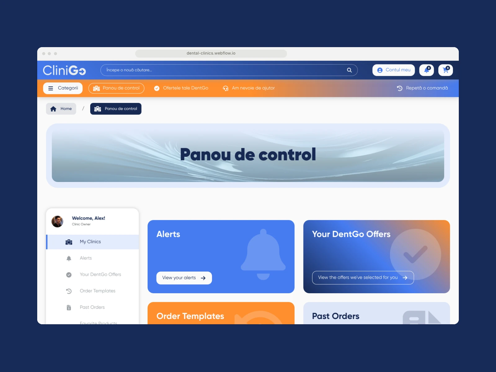 The clickable clinic dashboard prototype built in Webflow.