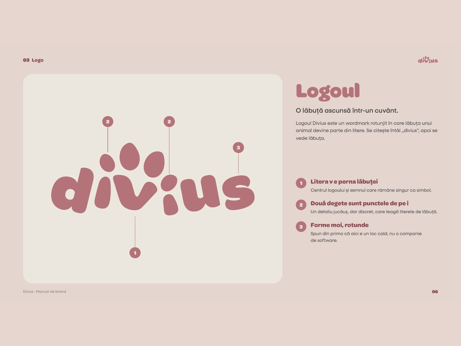 Brand book page 'Logoul': the divius wordmark with construction points showing the paw formed by the dots of the two i's and the rounded v.