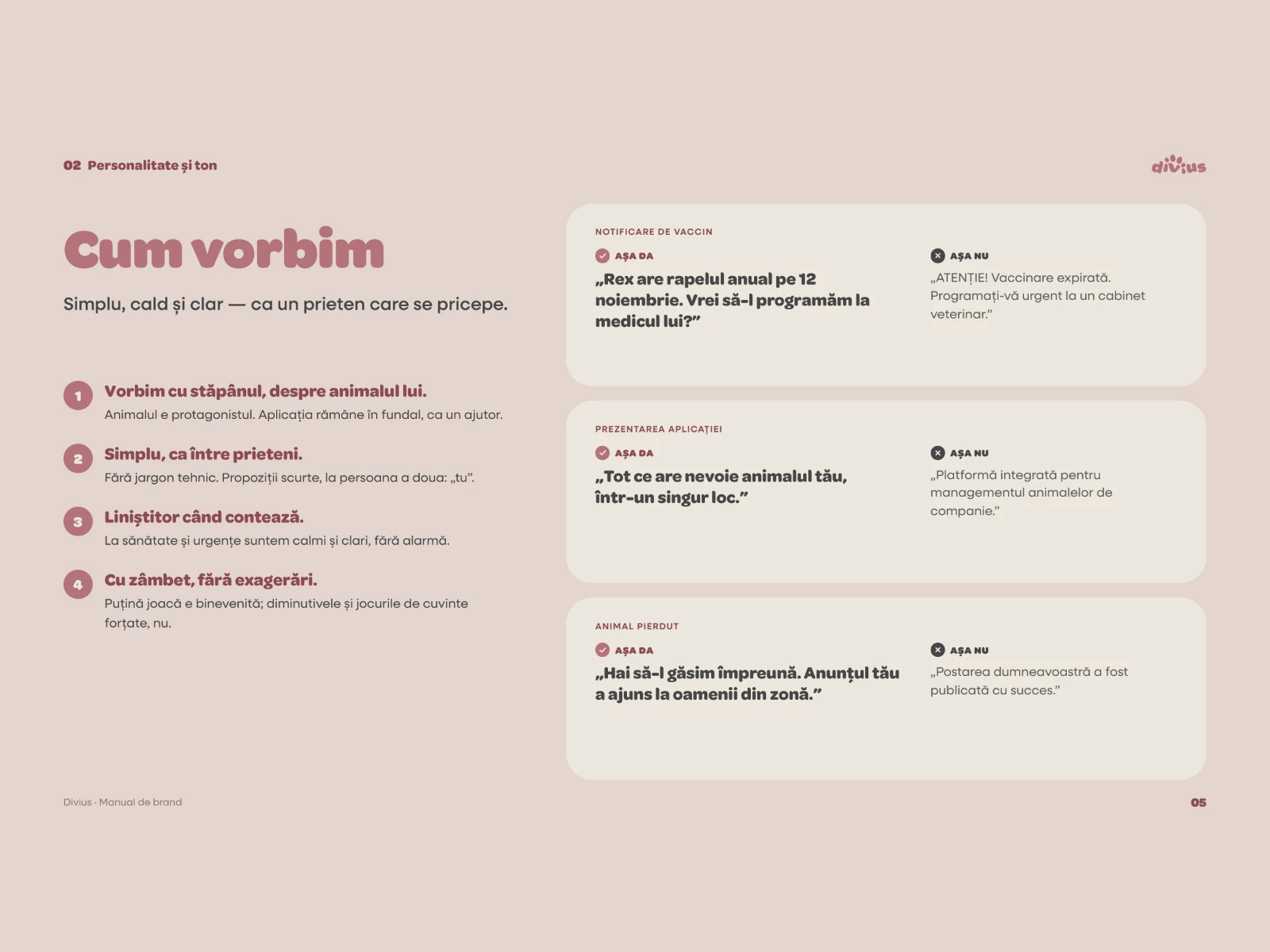 Brand book page 'Cum vorbim': the Divius tone of voice, warm, simple and reassuring, with example lines.