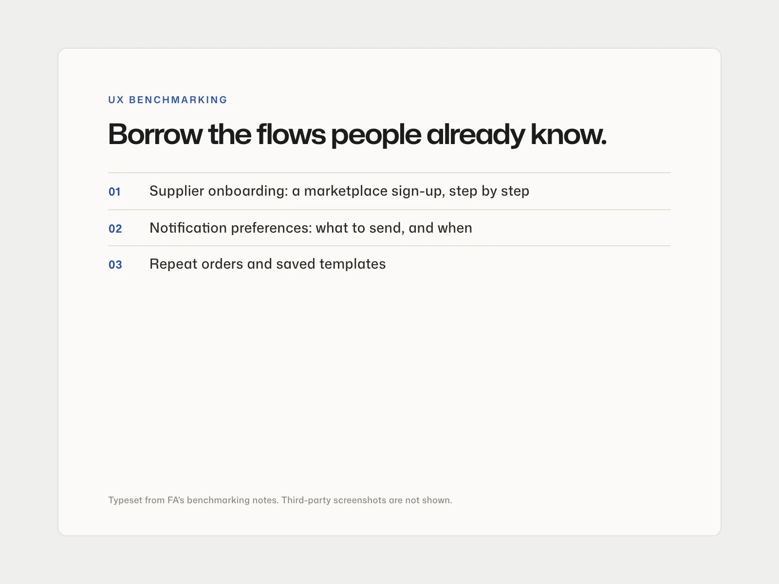 Typeset summary of the UX benchmarking: supplier onboarding, notification preferences and repeat orders studied in existing marketplaces.