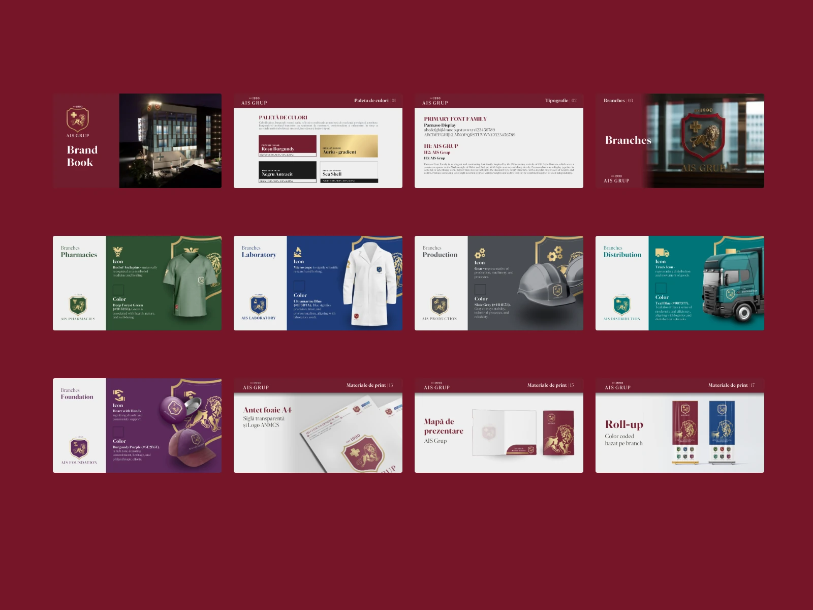 Twelve pages from the 21-page AIS Grup brand book on burgundy: cover, palette, typography, the branches and their applications, letterhead, folders and roll-up.