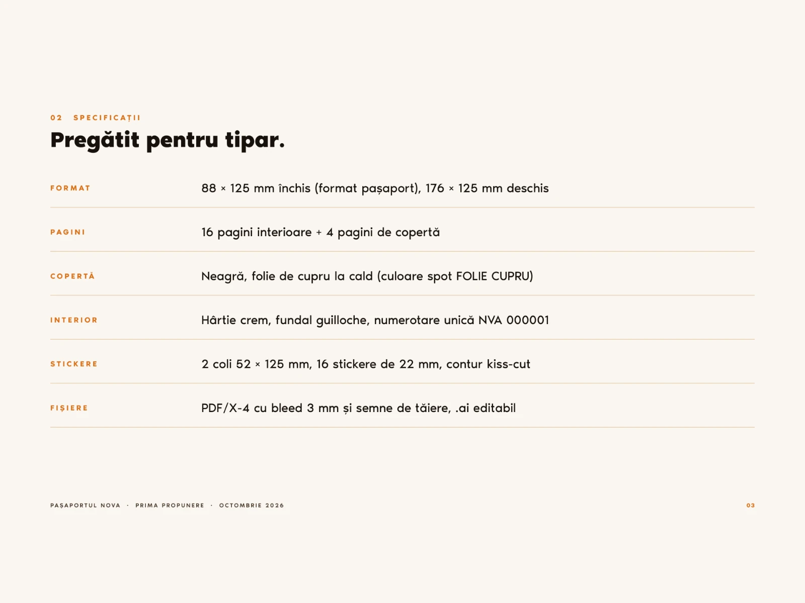 The print specification page from FA's NOVA presentation: 88 x 125 mm passport, 16 interior pages, black cover with copper hot foil, cream guilloche paper with unique numbering, two kiss-cut sticker sheets and a PDF/X-4 print file.