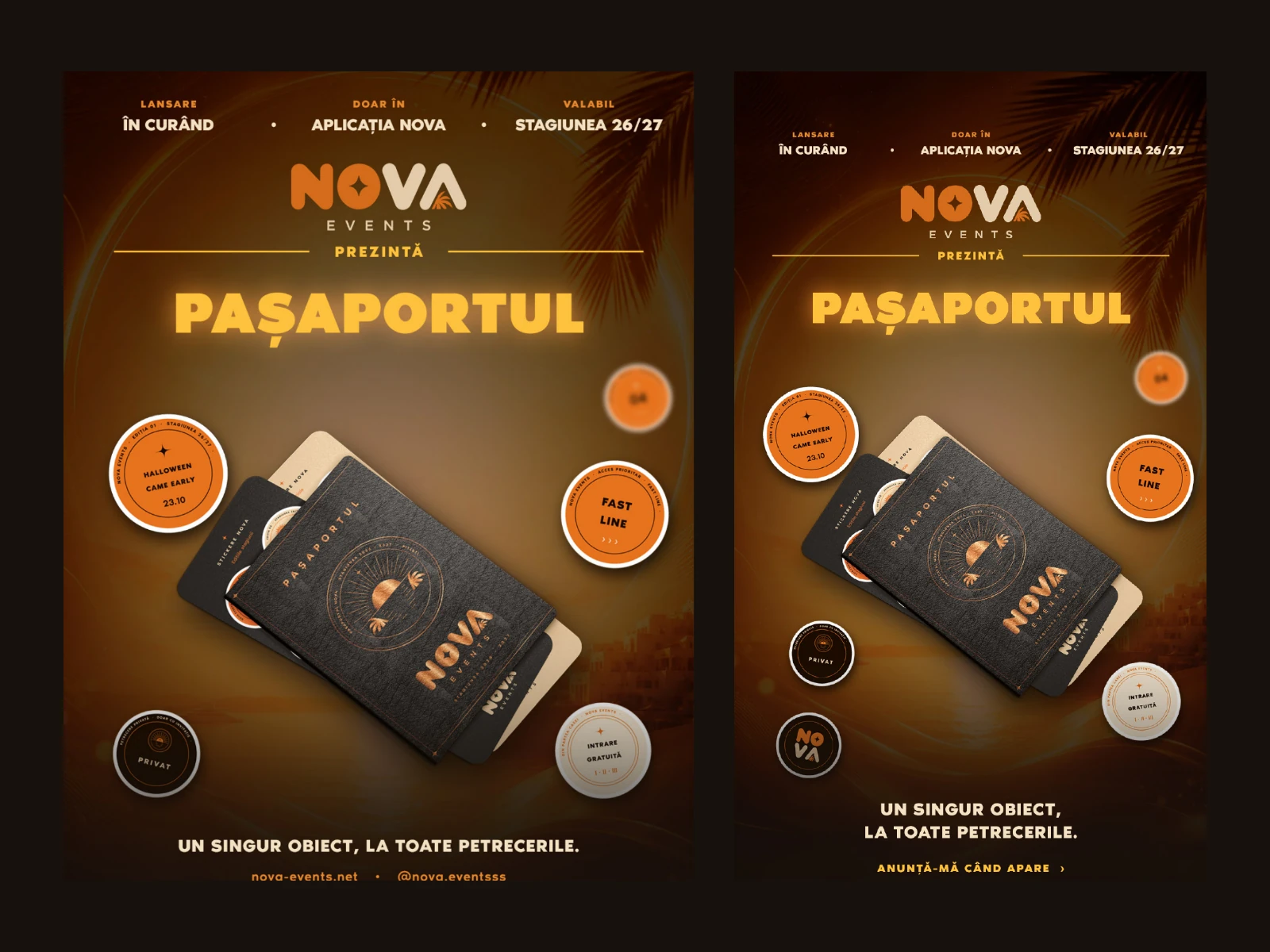 The NOVA passport key visual as a 3:4 feed post and a 9:16 story, both showing the passport and round stickers under 'Pașaportul'.