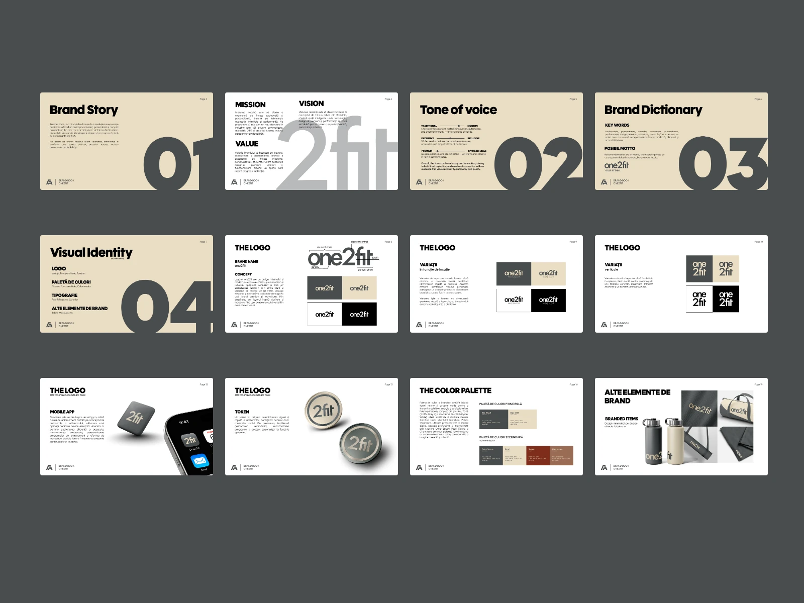 Twelve pages from the 22-page one2fit brand book: brand story, mission, tone of voice, brand dictionary, visual identity, logo pages, mobile app, token, colour palette and branded items.
