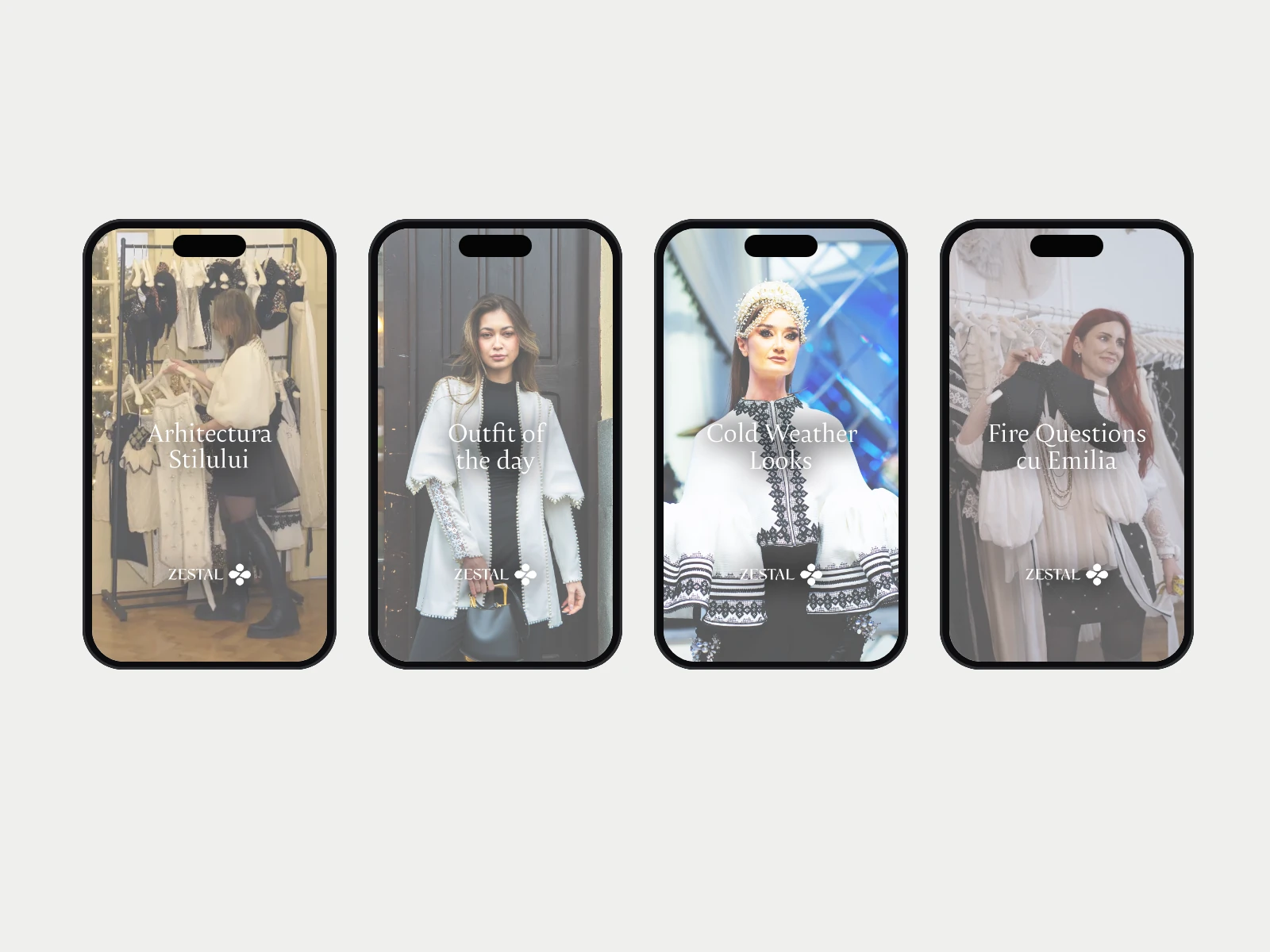 Four Zestal social pieces on phones: the 'Arhitectura Stilului' reel cover, 'Outfit of the day', 'Cold Weather Looks' and 'Fire Questions cu Emilia'.
