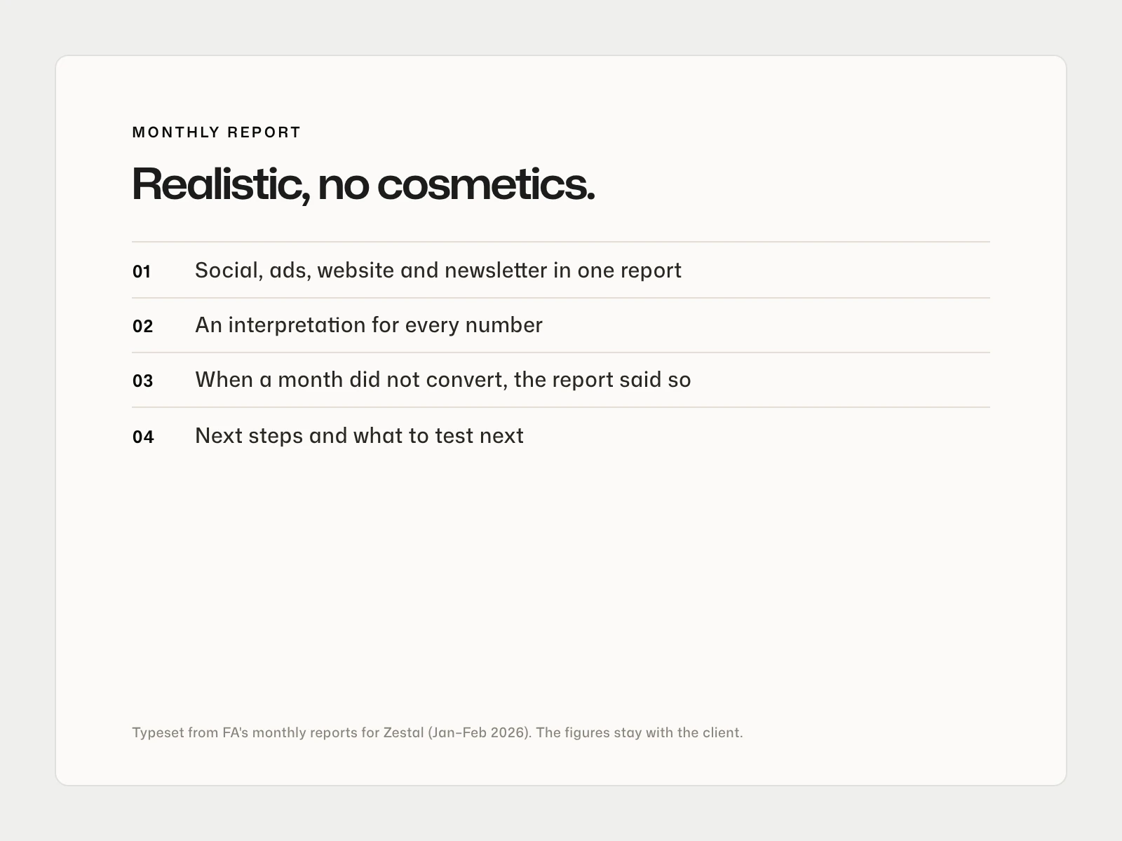 Typeset summary of FA's monthly report format for Zestal: social, ads, website and newsletter in one report, each with an interpretation and next steps.