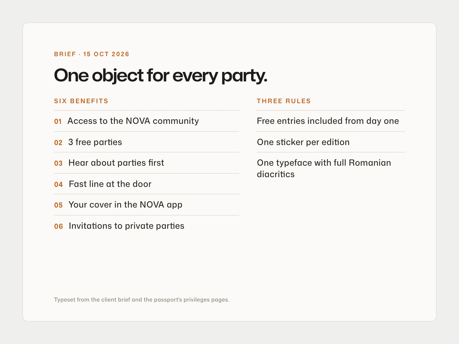 Typeset summary of the NOVA passport brief: six benefits, from community access and three free parties to private-party invitations, and three rules for the object.