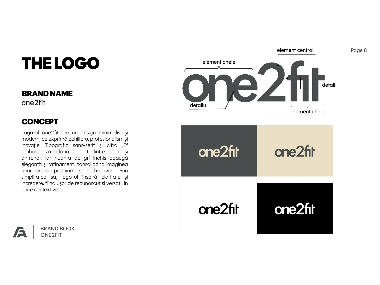 The logo page from the one2fit brand book: the wordmark's concept annotated, with the logo in charcoal, beige, white and black versions.