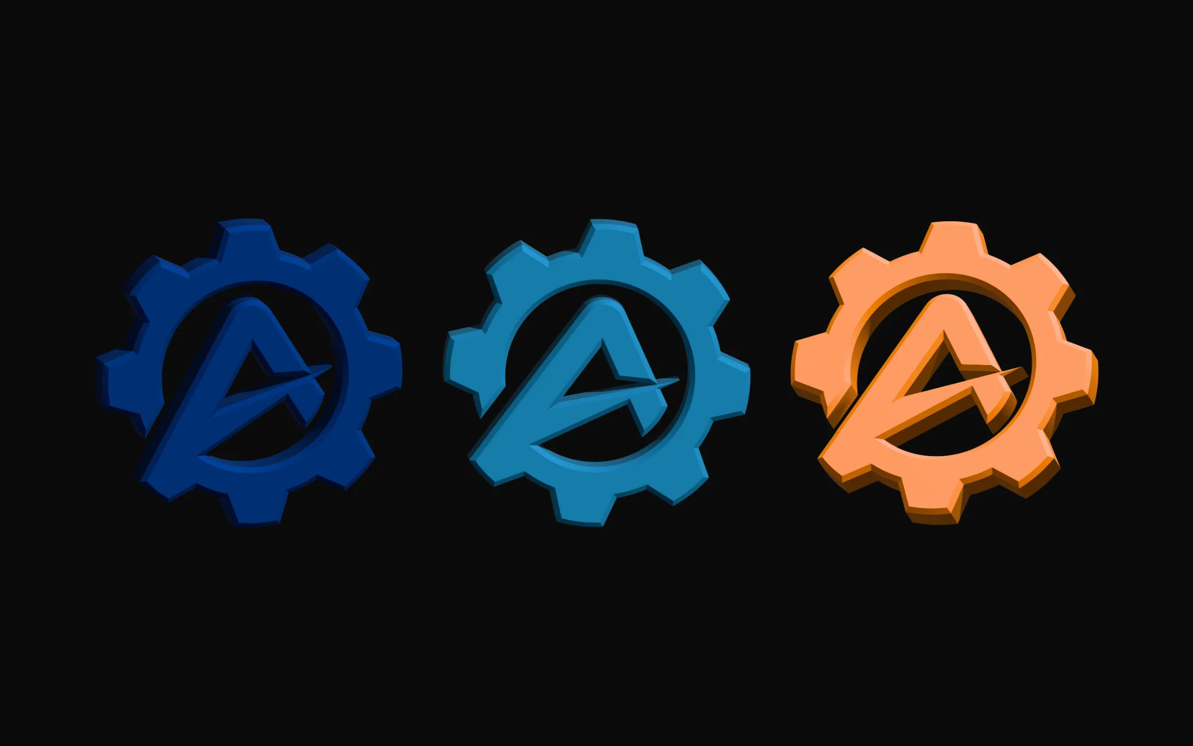 The ALGA monogram rendered in 3D in three colourways, deep blue, steel blue and orange, side by side on black.