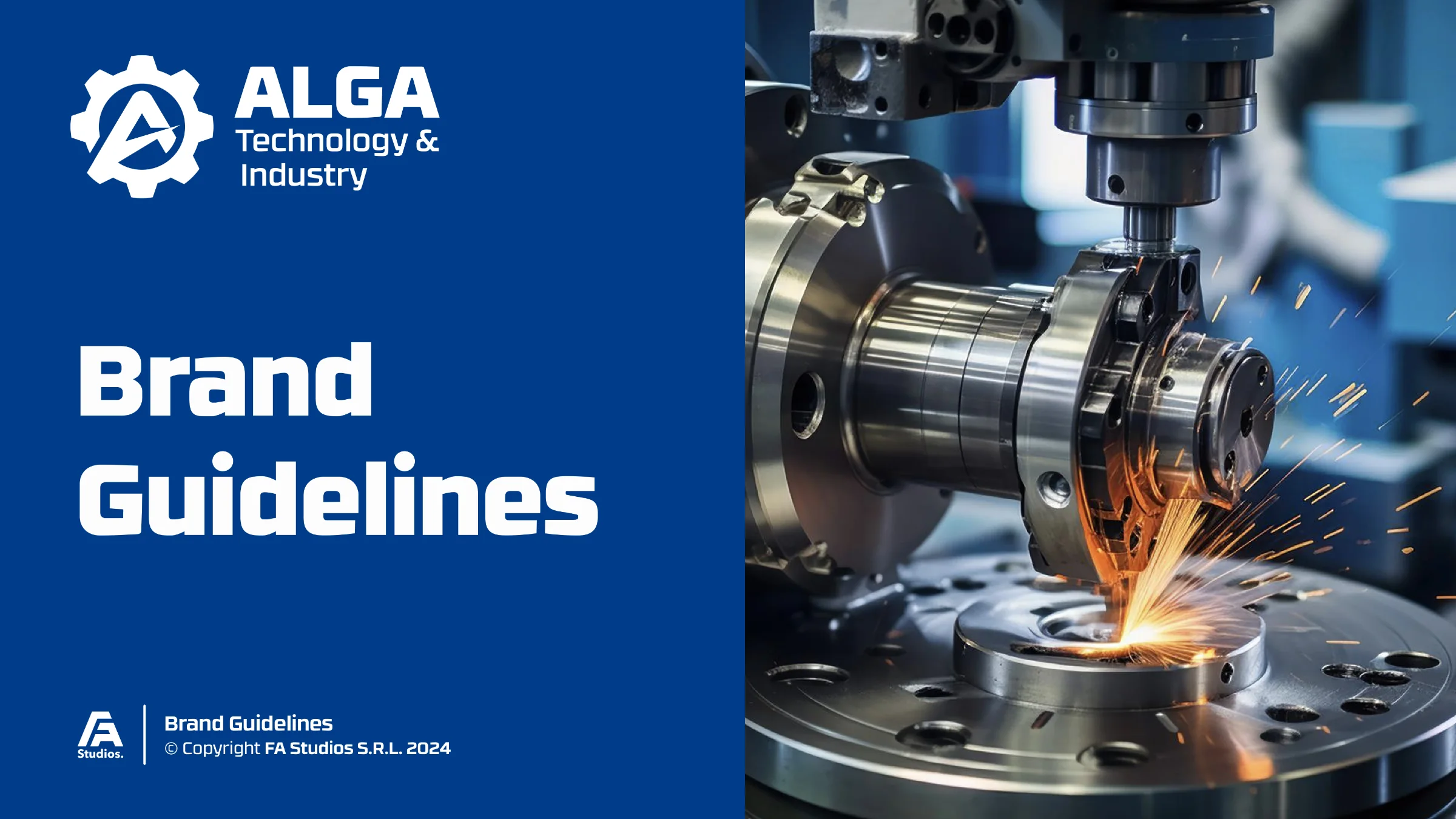 Cover of the ALGA brand guidelines: the ALGA logo and 'Brand Guidelines' on Congress Blue beside a CNC machine throwing sparks.
