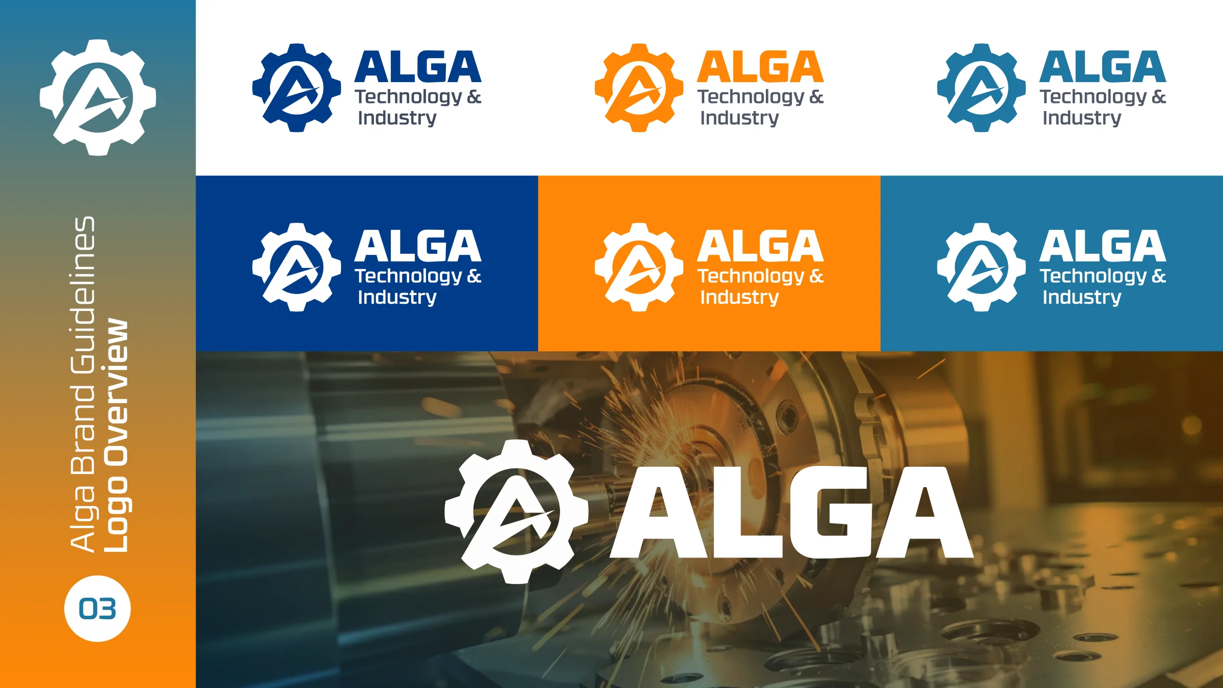 ALGA logo overview: the logo in blue, orange and white on light, coloured and photographic backgrounds, with a large white ALGA lockup over a machining photo.