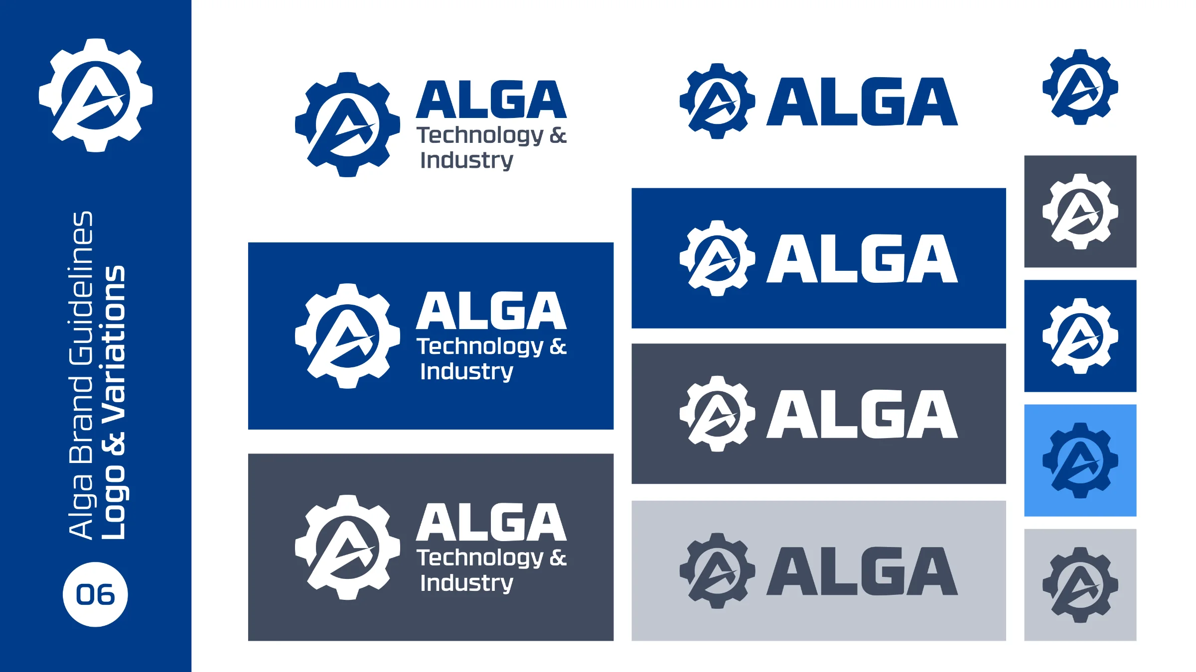 ALGA guidelines page on logo variations: full, horizontal and icon-only versions in blue, white and grey on white, blue, slate and silver backgrounds.