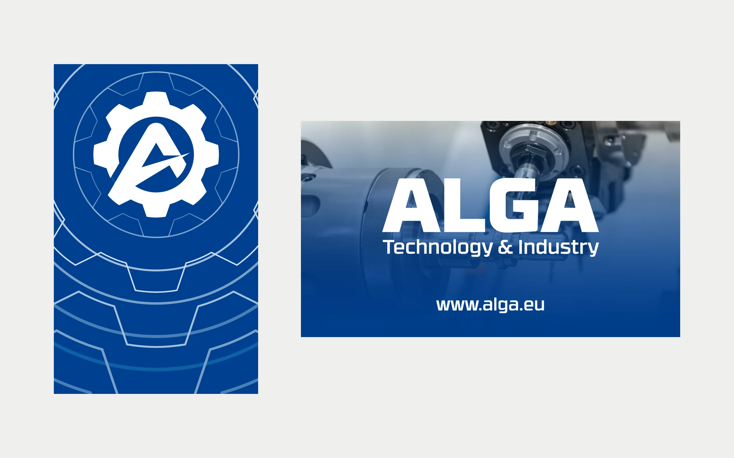 ALGA business-card artwork: a vertical side with the white gear-and-A monogram over fine gear outlines on Congress Blue, and the horizontal side with the ALGA Technology & Industry wordmark over a blue-toned machining photo.
