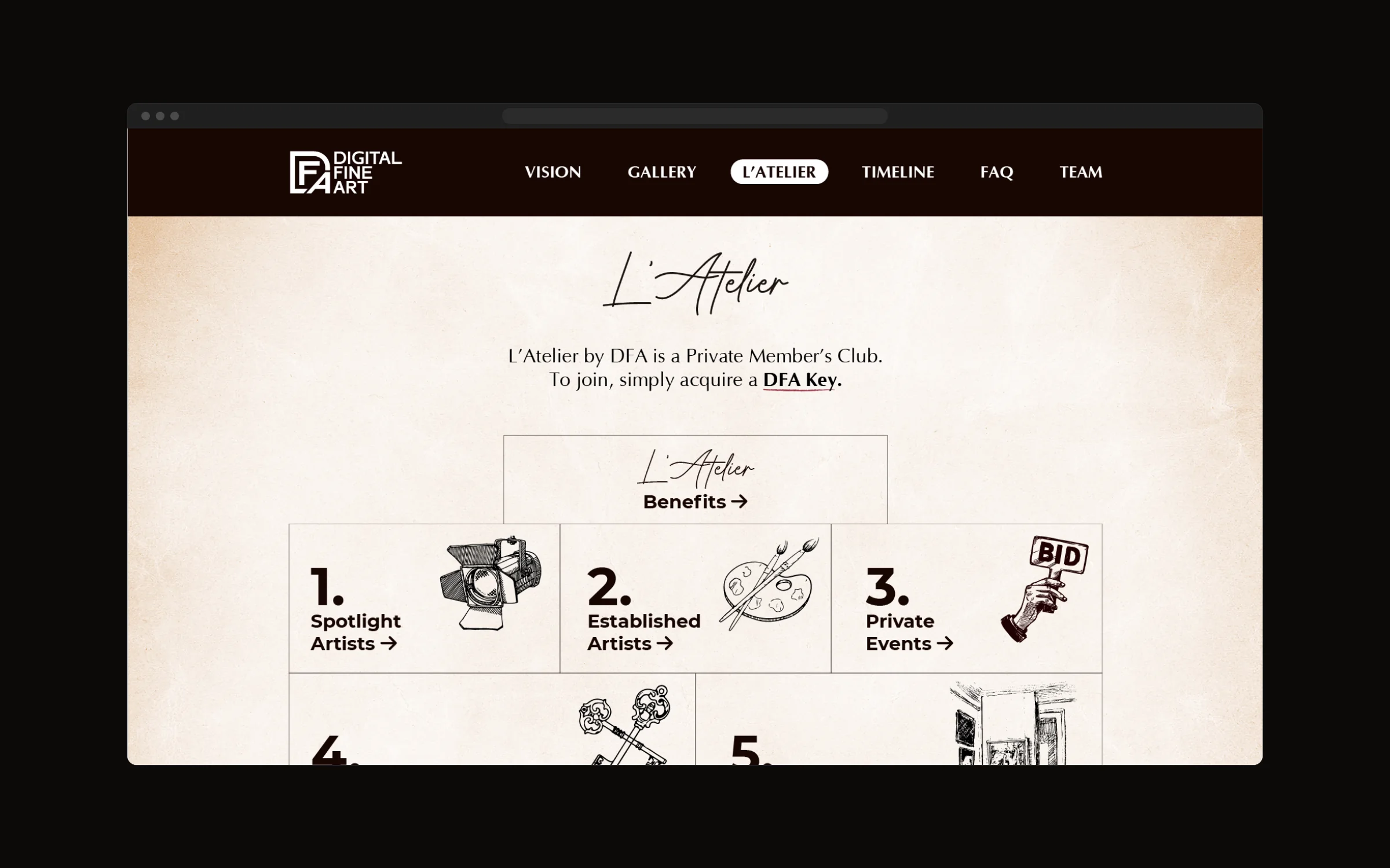 The L'Atelier page of the Digital Fine Art site: the members' club explained on parchment, with five illustrated benefits from Spotlight Artists to the Staking Museum.