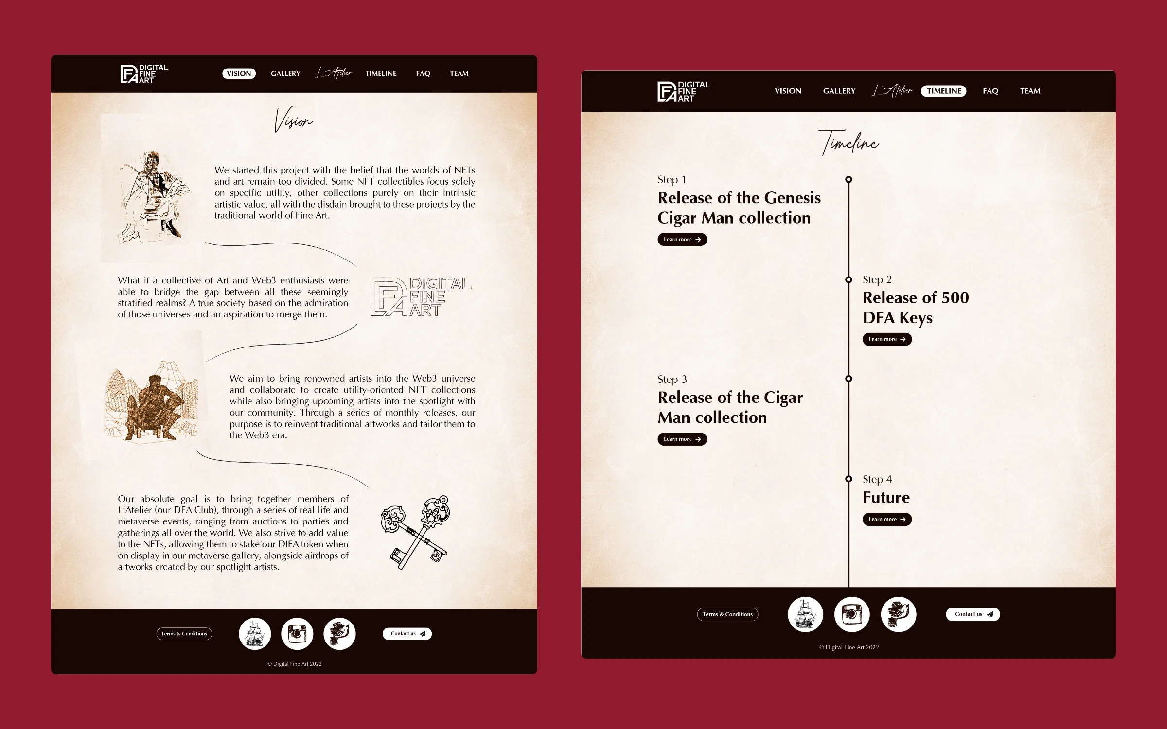 Two full Digital Fine Art pages side by side: the Vision page with ink illustrations and a hand-drawn line through the text, and the Timeline page from the Genesis Cigar Man release to the future roadmap.