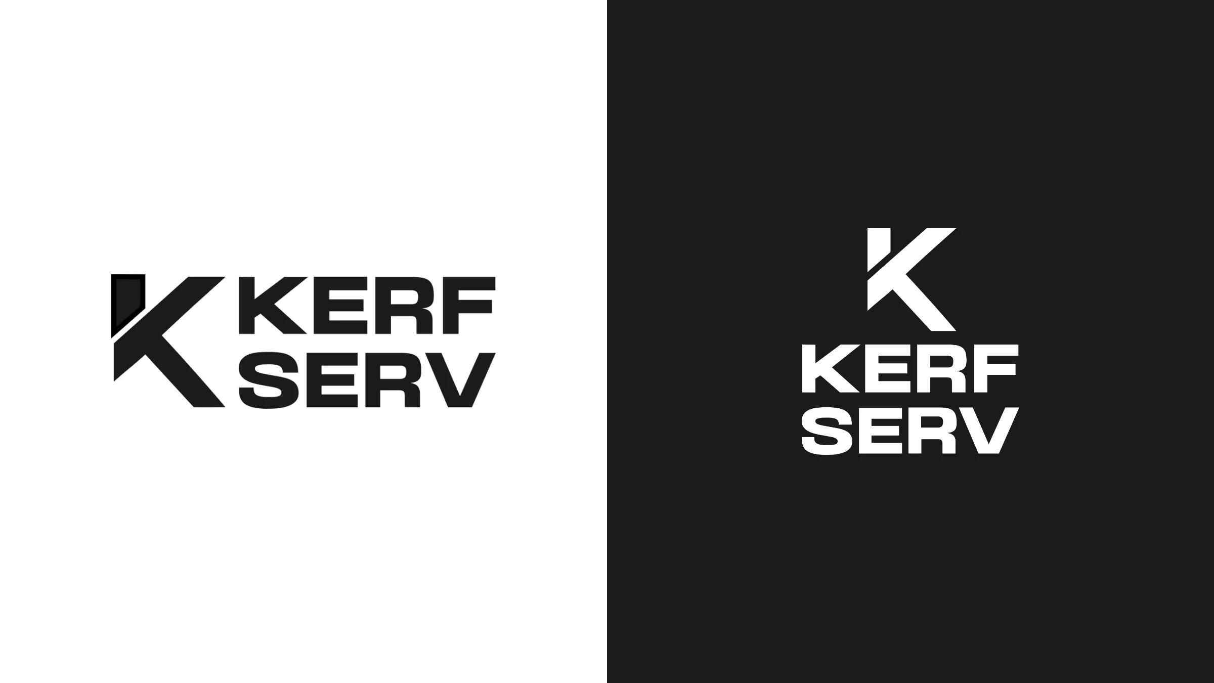 Single-colour Kerf Serv logos: the horizontal lockup all in black on white, and the stacked K over KERF SERV all in white on black.