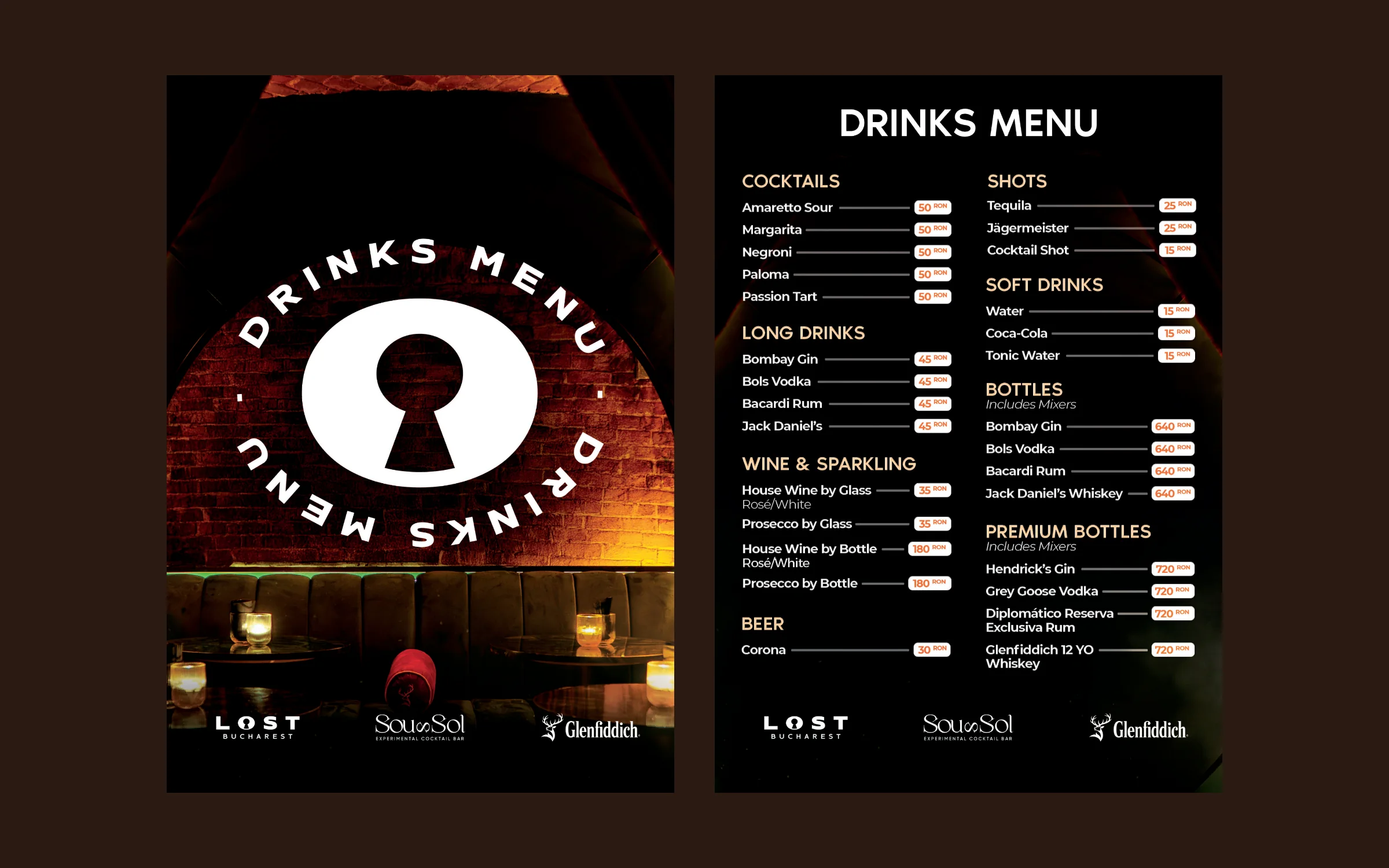 The LOST A5 drinks menu, cover and inside: a white keyhole ringed by the words DRINKS MENU over the vaulted bar, and a black menu page listing cocktails, shots, long drinks, wine, bottles and beer.