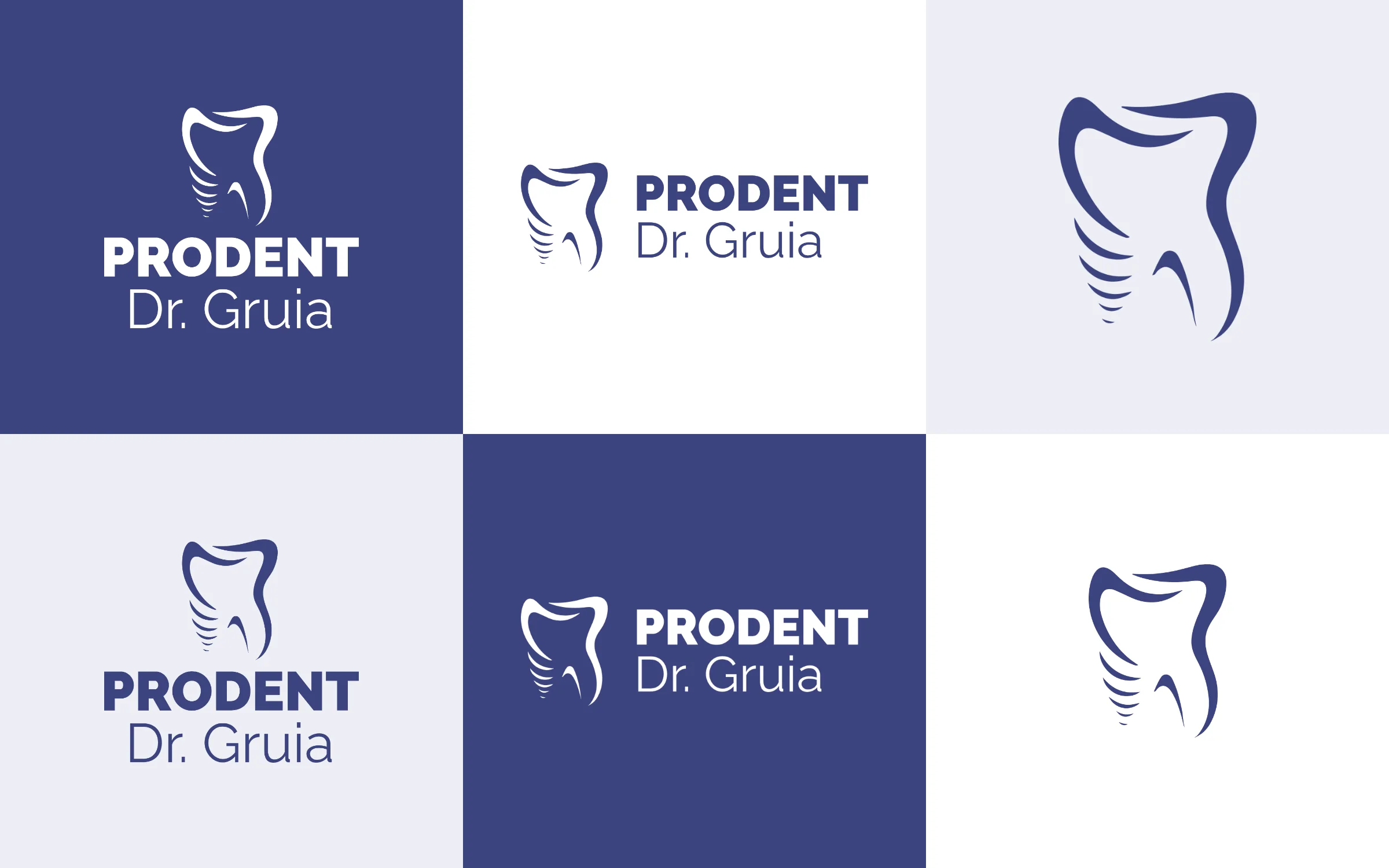 The new Prodent logo kit on six tiles: stacked and horizontal lockups and the tooth icon, in white on indigo and in indigo on white and pale grey.