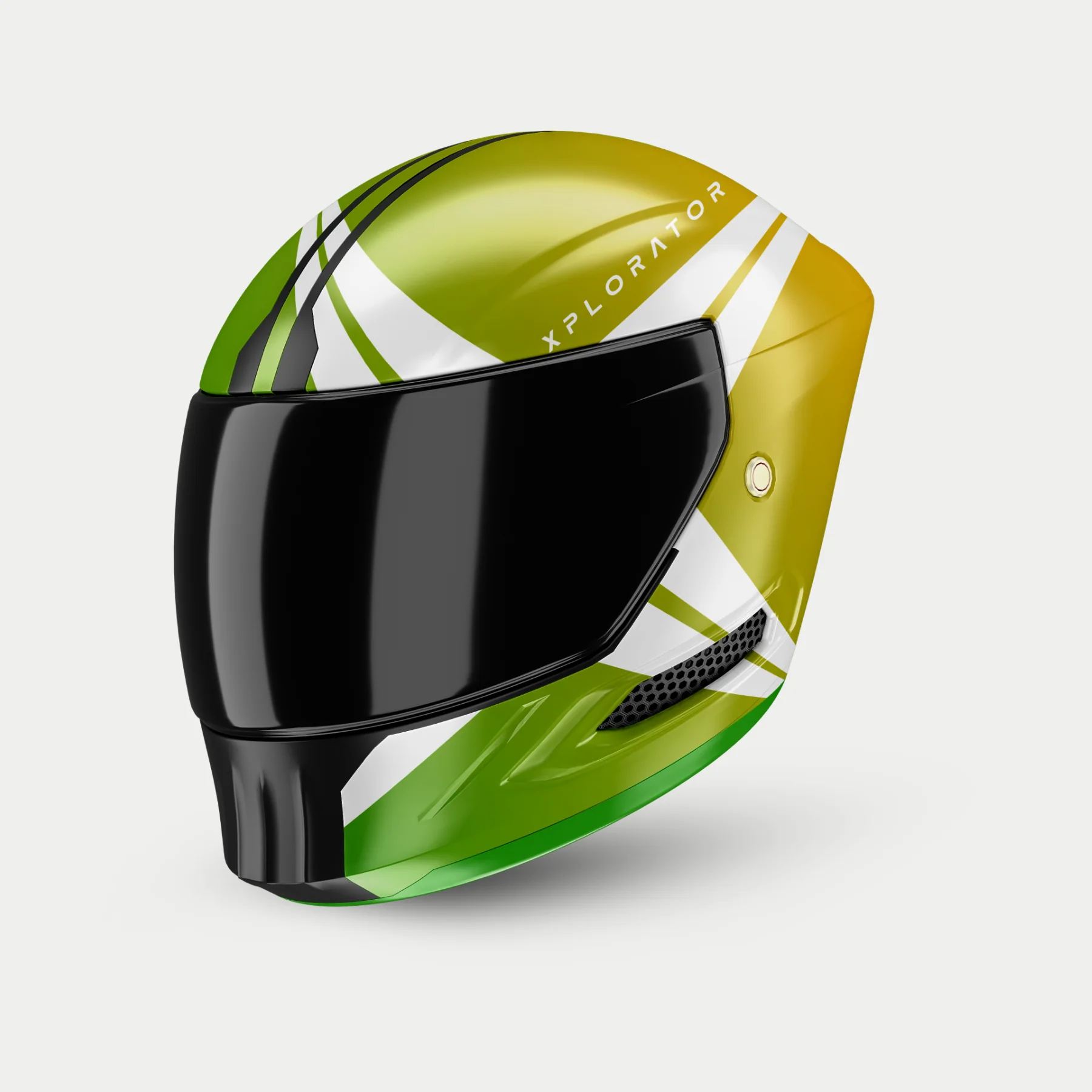 Motorcycle helmet with the Xplorator livery: green-to-yellow gradient shell, white X-star stripes and the XPLORATOR wordmark above a black visor.