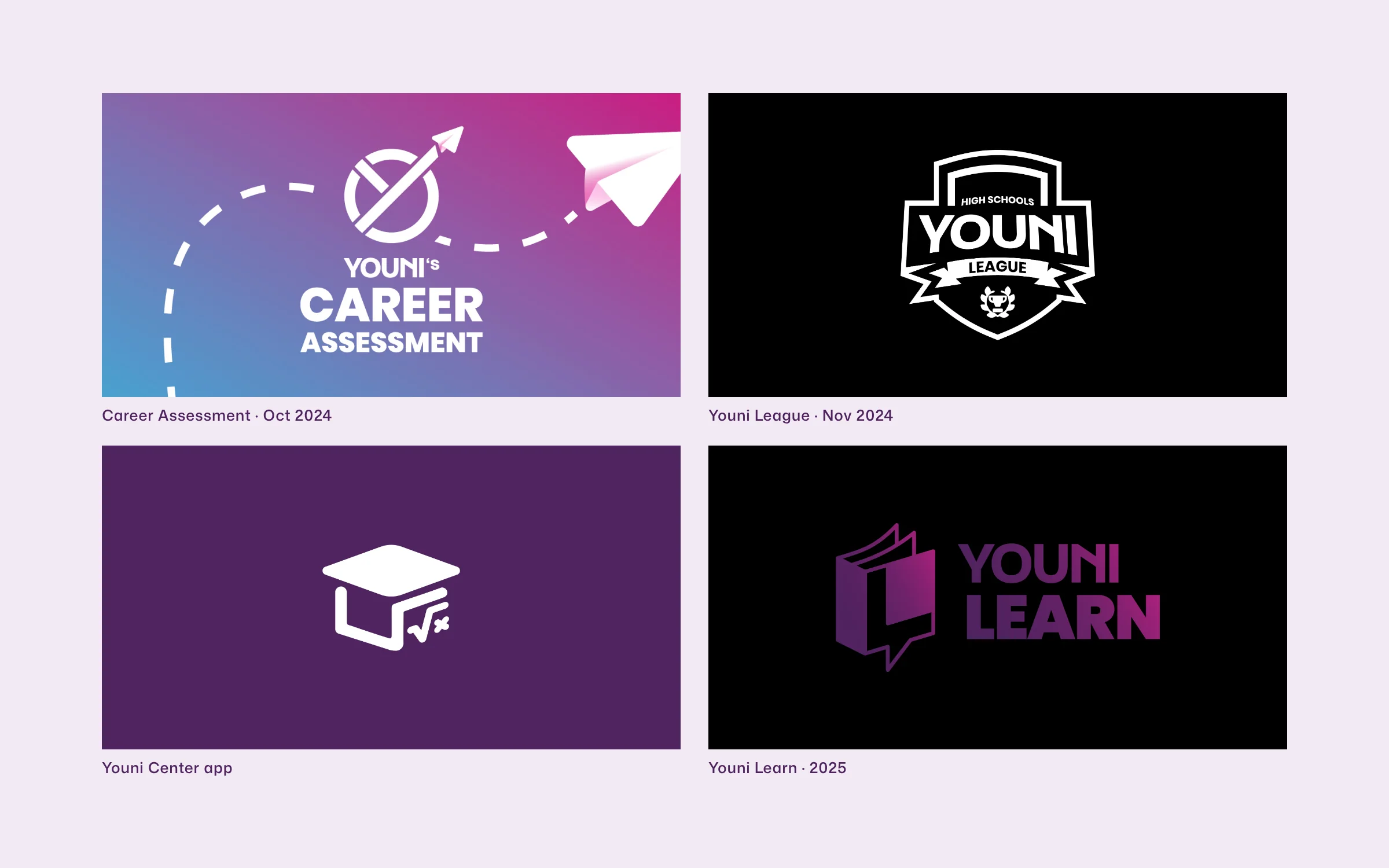 Four Youni sub-brands, each labelled: the Youni's Career Assessment open-graph card with a target and paper plane, the Youni League shield on black, the Youni Center app logo on purple, and the Youni Learn logo on black.